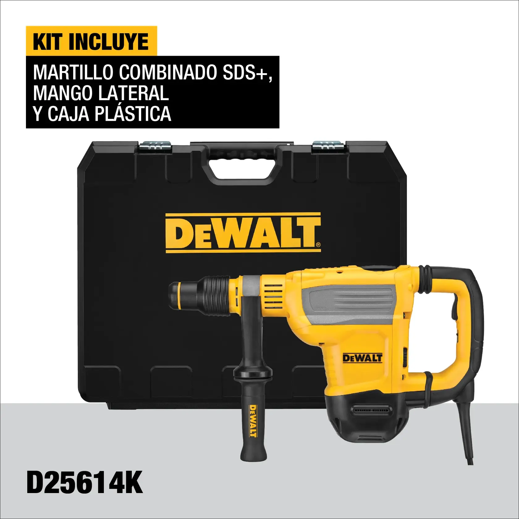 Kit DEWALT D25614K martillo combinado SDS+, mostrando un taladro de martillo amarillo y negro con mango lateral, posicionado frente a una caja plástica negra con el logotipo DEWALT. El kit incluye el martillo combinado, mango lateral y caja plástica.
