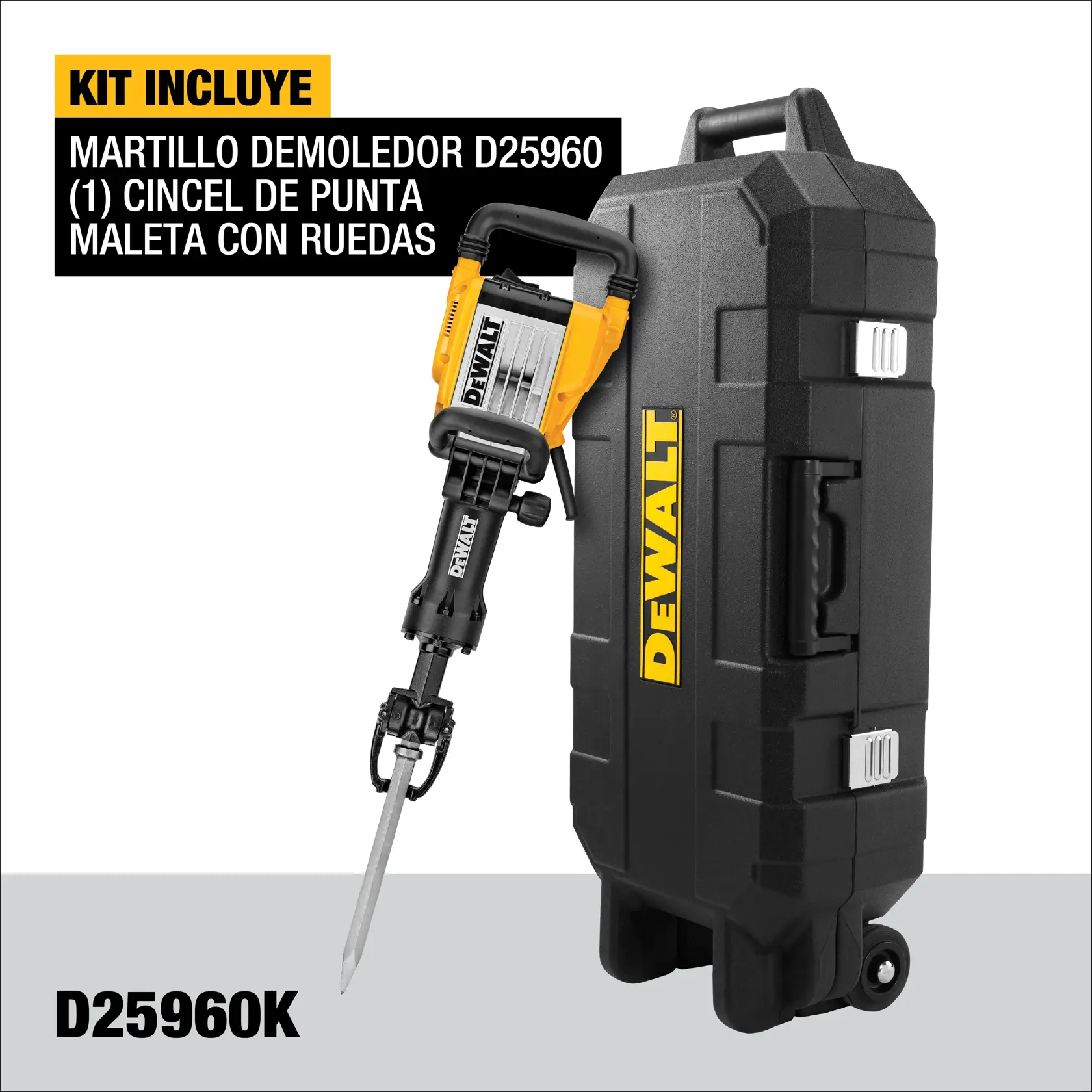 Kit de martillo demoledor DEWALT D25960K con cincel de punta y maleta con ruedas. La imagen muestra el martillo demoledor amarillo y negro apoyado en una maleta negra resistente con ruedas y el logo DEWALT.