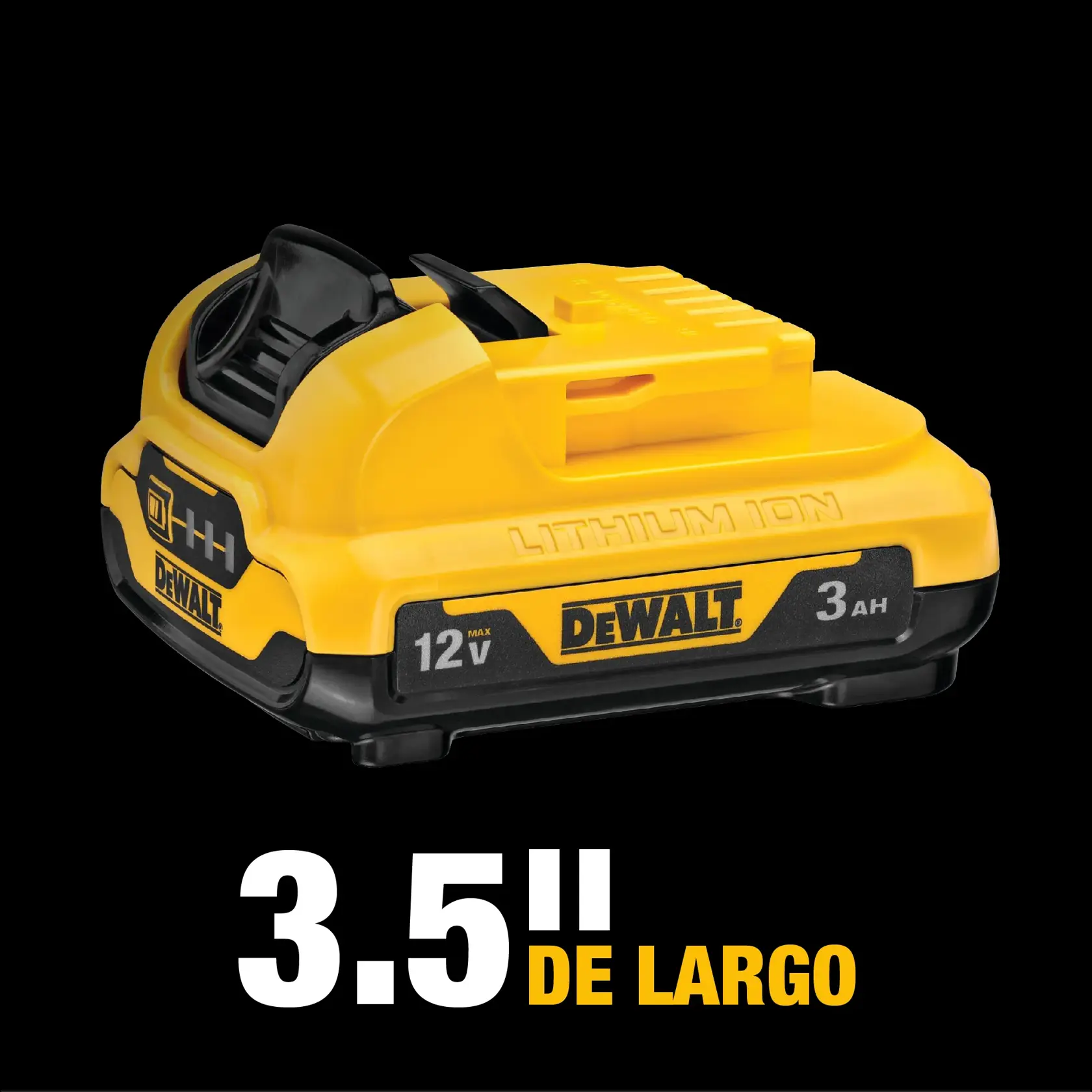 Un paquete de batería de ion de litio DEWALT 12V 3Ah, modelo DCB124, mostrado sobre un fondo negro con el largo de la batería indicado como 3.5 pulgadas.