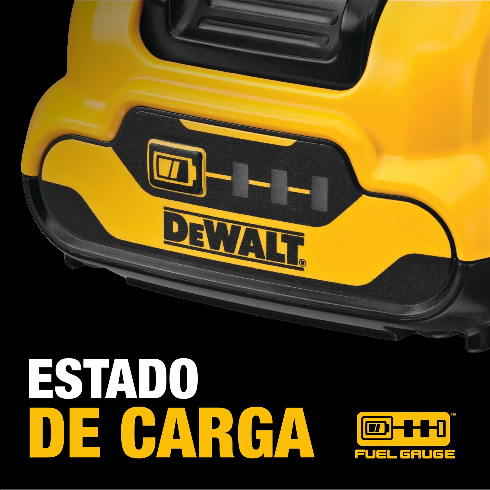 Imagen en primer plano de una batería DEWALT con indicador de estado de carga y el logotipo DEWALT. El texto en español dice 'ESTADO DE CARGA' y hay un icono amarillo de batería con la etiqueta 'FUEL GAUGE'.