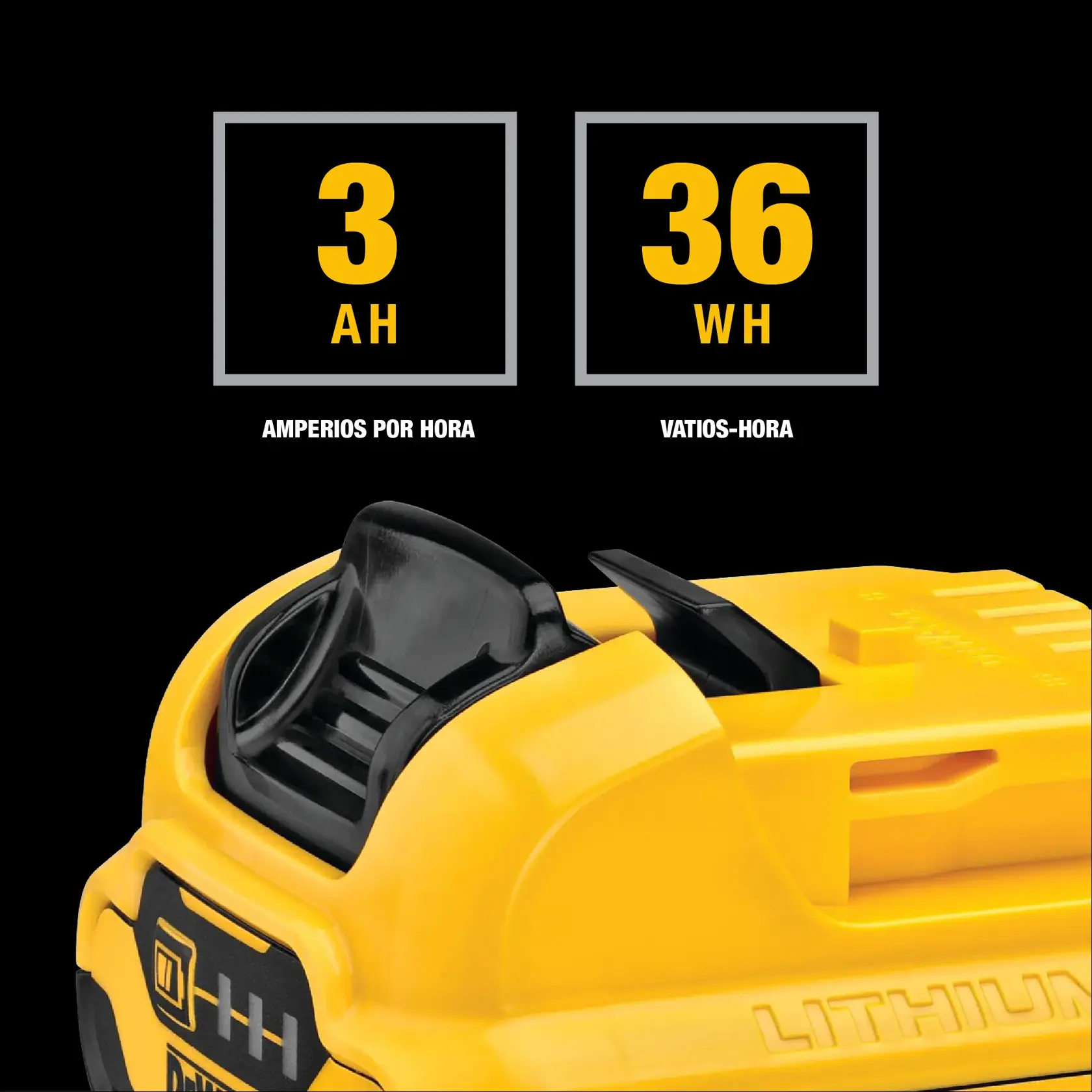 Primer plano de una batería de litio amarilla DEWALT, mostrando especificaciones de capacidad: 3 amperios por hora (AH) y 36 vatios-hora (WH), con los valores resaltados en amarillo sobre fondo negro.