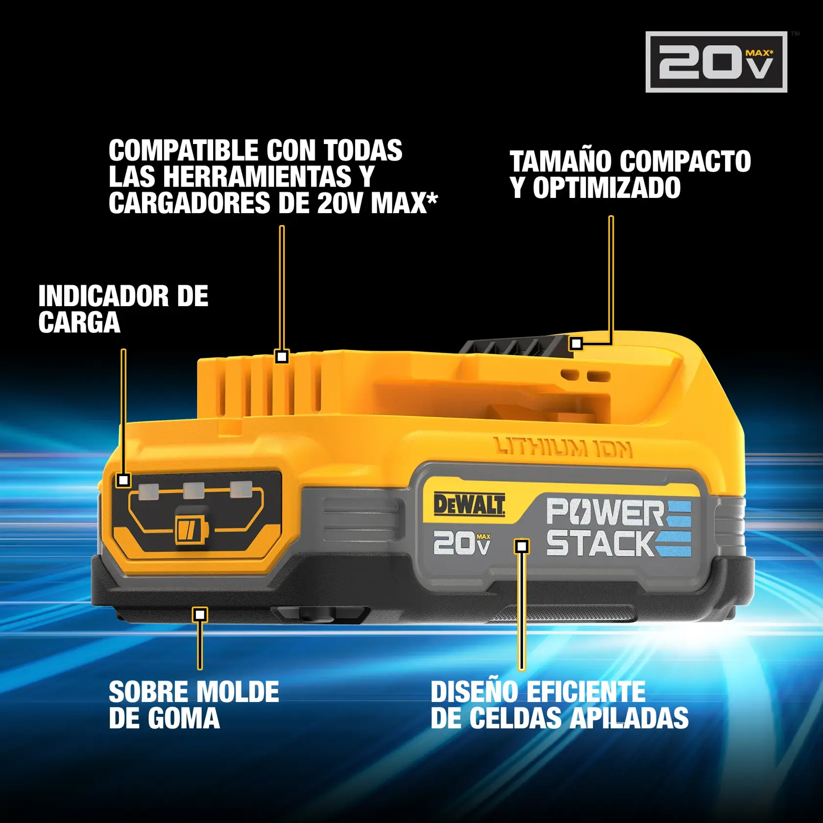 Gráfico que anuncia a bateria DEWALT SKU DCBP034 como 25% mais compacta em comparação com a bateria DCB203. A imagem apresenta fundo amarelo com duas ilustrações em contorno de baterias, destacando a redução do tamanho.