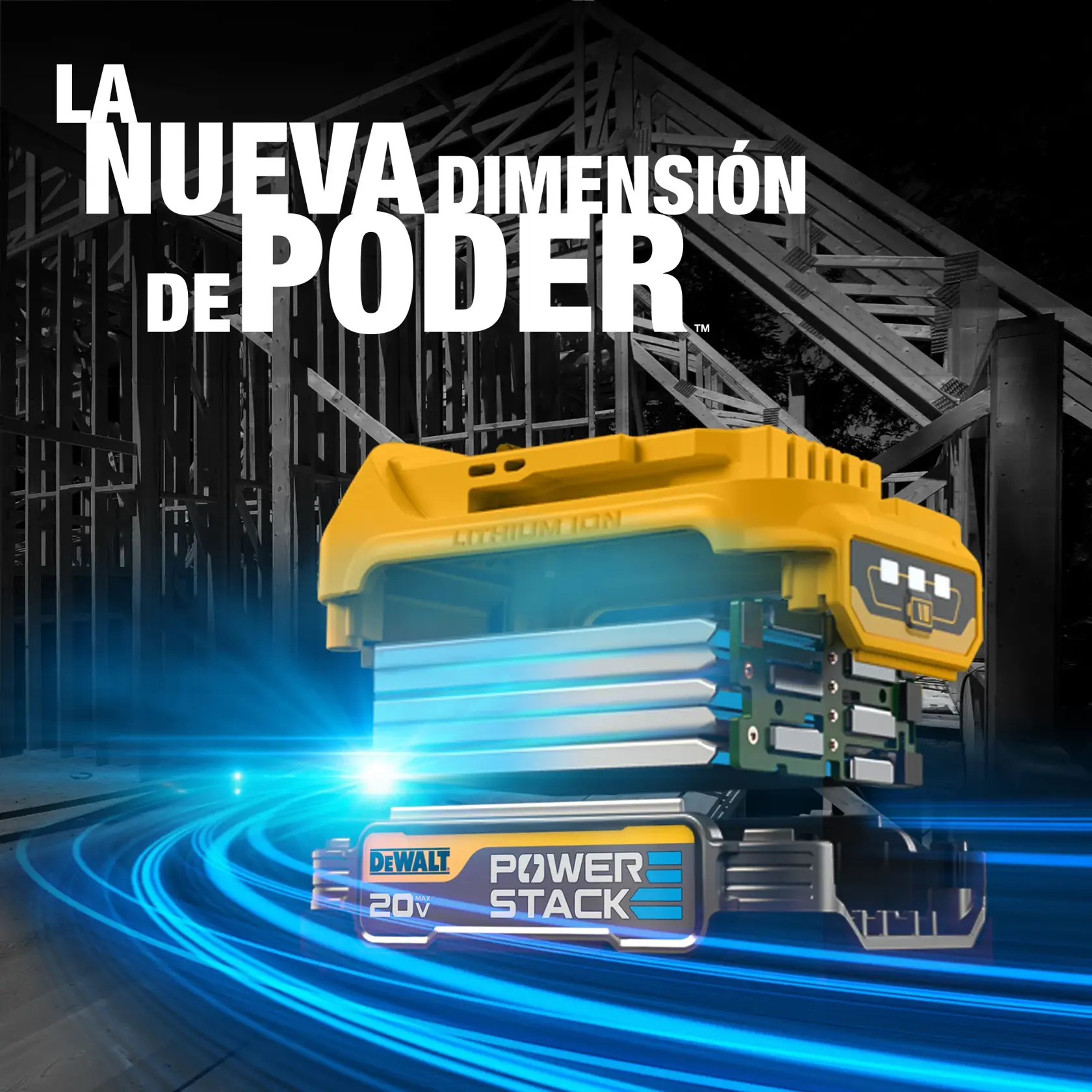 Uma pessoa usando uma luva segura uma ferramenta elétrica sem fio amarela DEWALT sob uma estrutura metálica, possivelmente demonstrando seu uso em um ambiente de construção ou industrial.