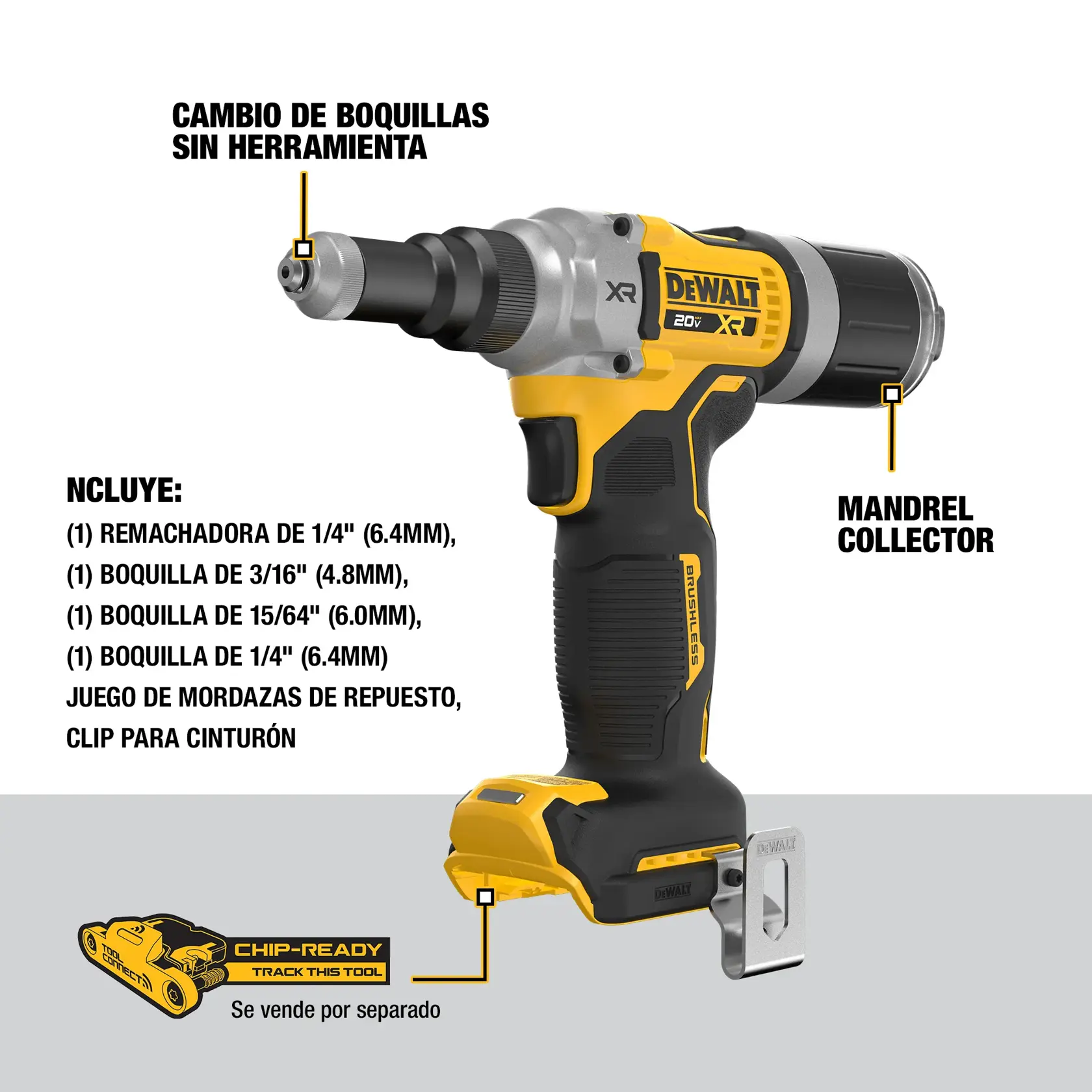 Herramienta inalámbrica DEWALT DCF414 con accesorios, cambio de boquilla, colector de mandril y chip-ready.