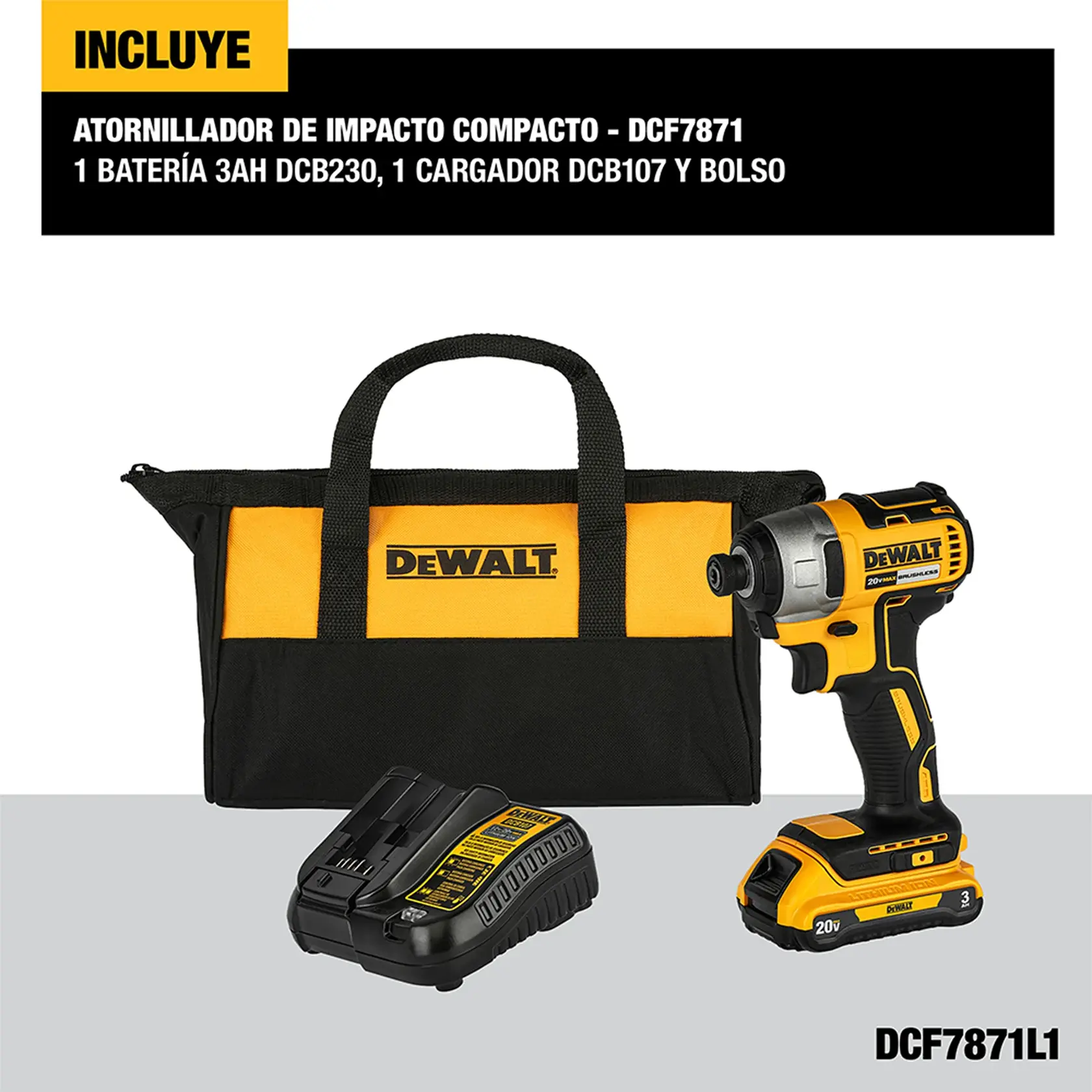 Imagen mostrando un kit de atornillador de impacto compacto DEWALT (modelo DCF7871L1). El kit incluye un bolso de transporte de color amarillo y negro con la marca DEWALT, un atornillador de impacto compacto, una batería recargable y un cargador de batería. El texto superior describe el contenido en español.