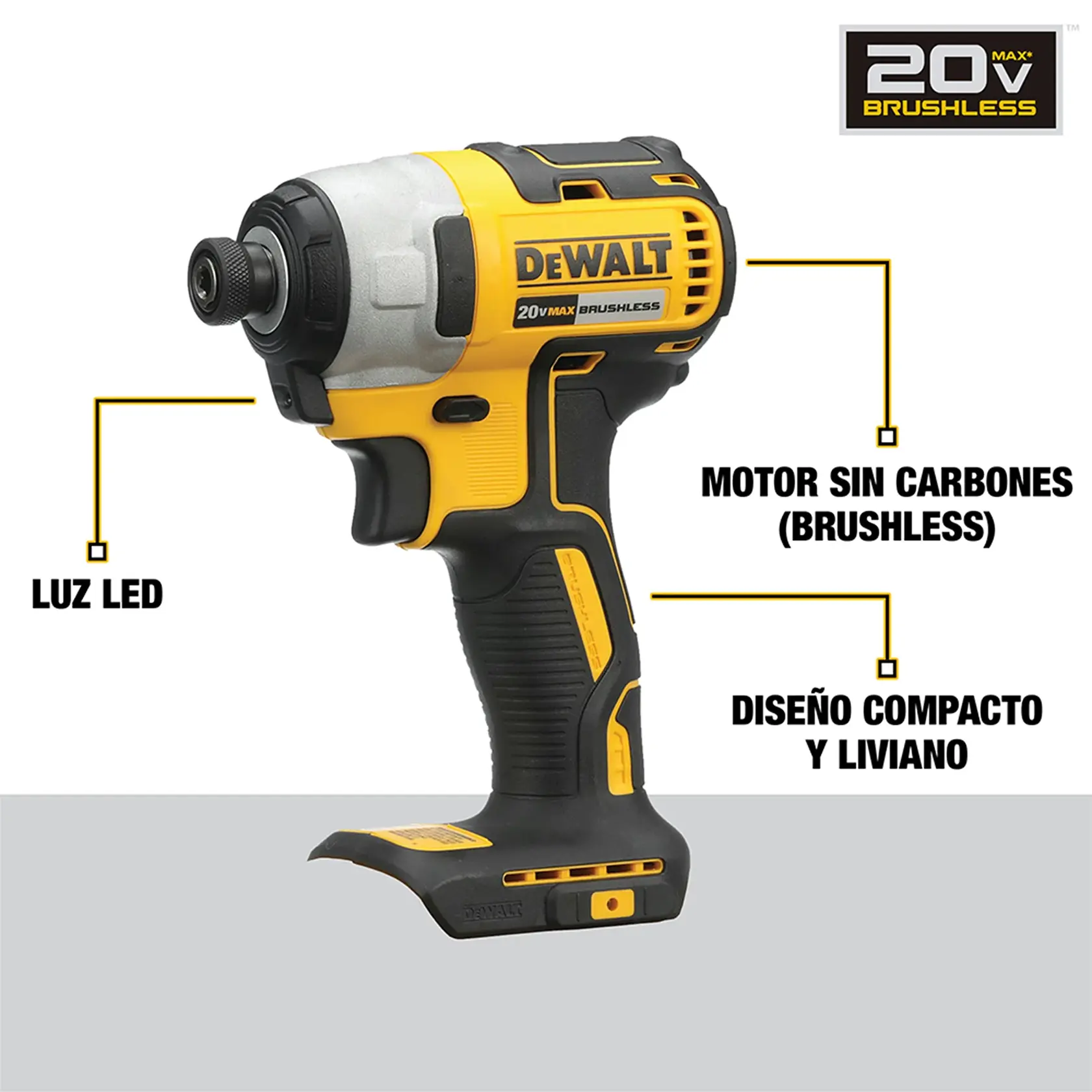 Un atornillador de impacto inalámbrico DEWALT 20V MAX brushless de color amarillo y negro. La imagen resalta características como luz LED, motor sin carbones y diseño compacto y liviano.
