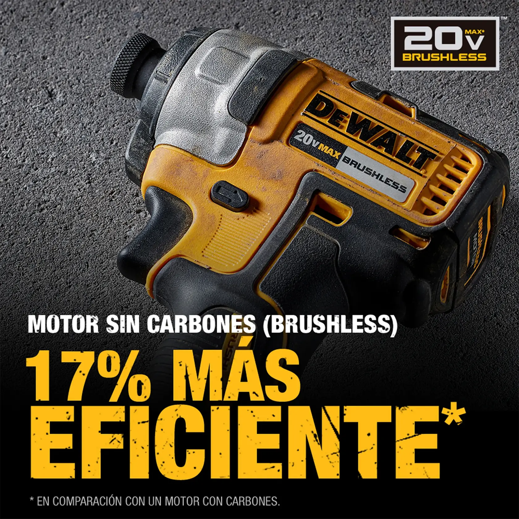 Primer plano de una herramienta eléctrica inalámbrica DEWALT 20V Max Brushless sobre una superficie de concreto, con etiquetas que destacan su motor sin carbones y una eficiencia un 17% mayor en comparación con motores con carbones.