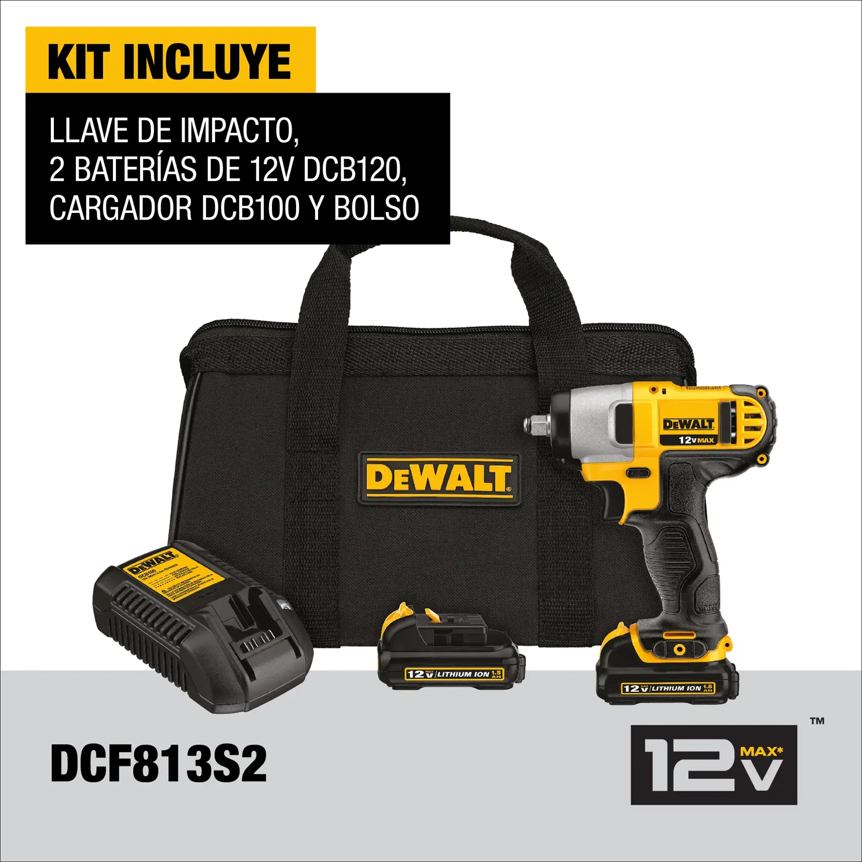 Imagen que muestra un kit de llave de impacto DEWALT DCF813S2. El kit incluye una llave de impacto DEWALT amarilla y negra, dos baterías de ion de litio de 12V, un cargador DCB100 y un bolso de transporte negro con el logo de DEWALT. Detalles del producto y la marca visibles en la imagen.