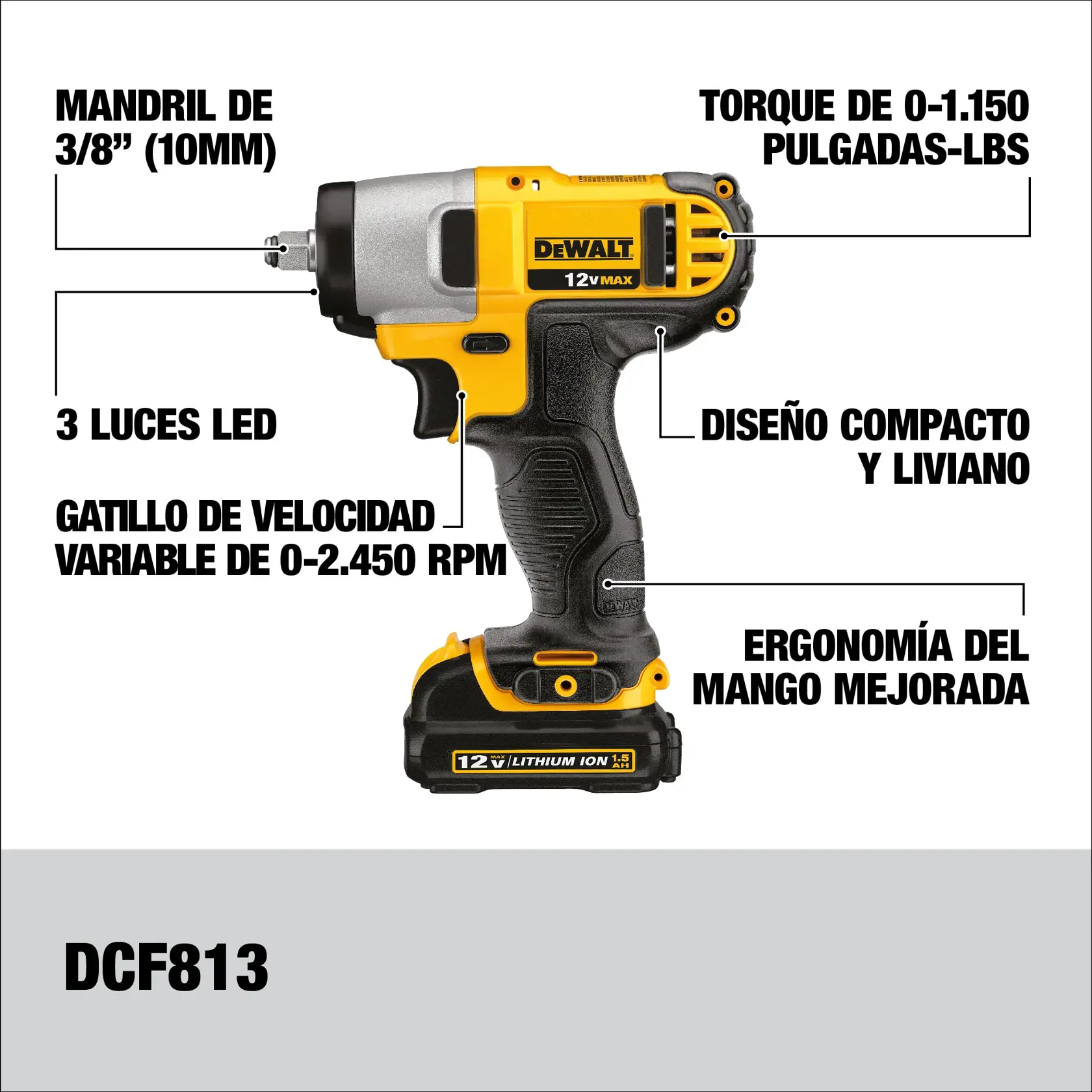 Imagen de una llave de impacto inalámbrica DEWALT 12V MAX, modelo DCF813. Se destacan características principales: mandril de 3/8" (10mm), torque de 0-1,150 pulgadas-libras, 3 luces LED, gatillo de velocidad variable de 0-2,450 RPM, diseño compacto y liviano, y ergonomía del mango mejorada.