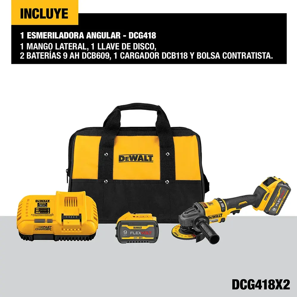 Kit DEWALT DCG418X2 que incluye una esmeriladora angular, una bolsa de transporte negra y amarilla, dos baterías de 9Ah, un cargador y accesorios (mango lateral y llave de disco), mostrado sobre fondo blanco con información del producto en español.