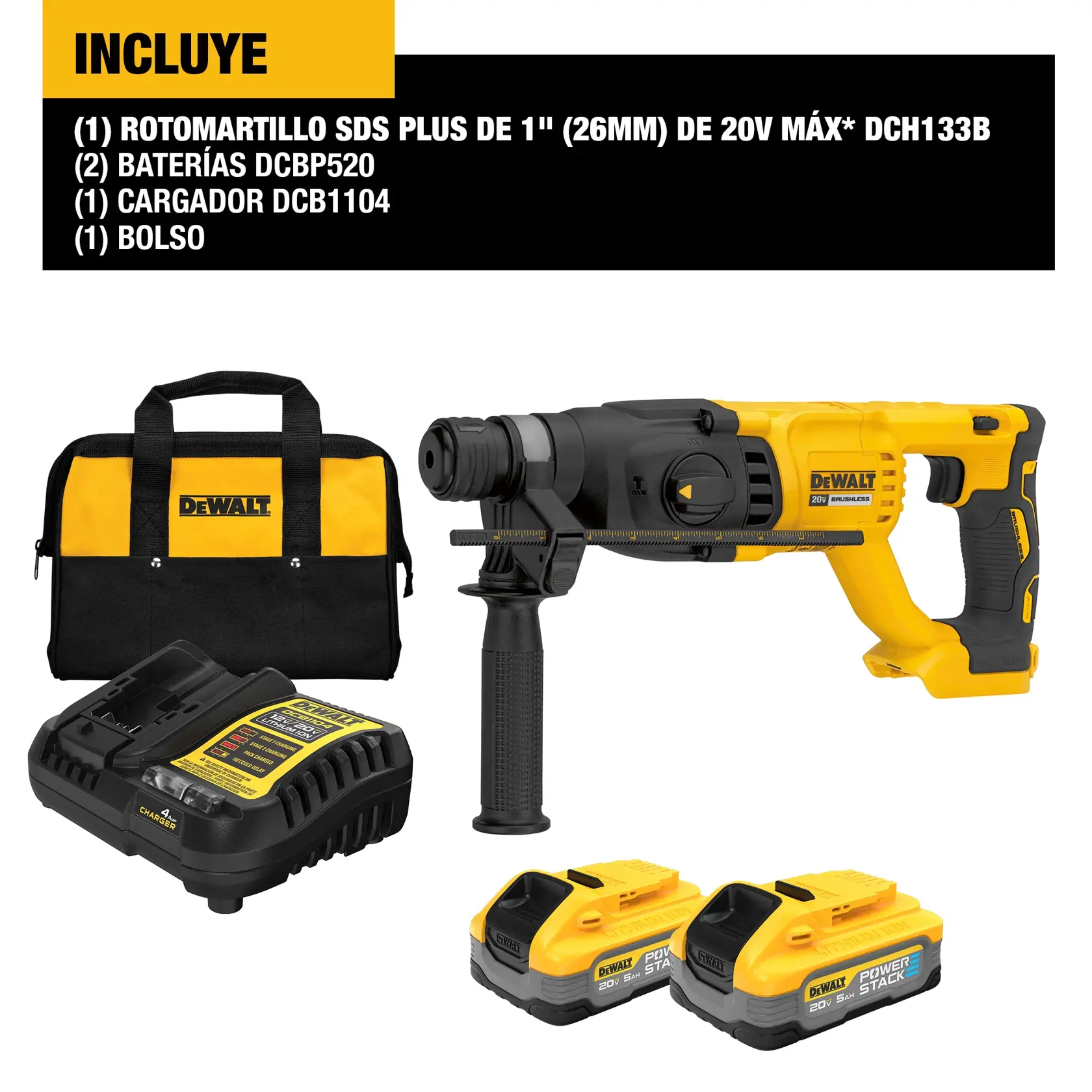 Kit DEWALT: rotomartillo, 2 baterías, cargador y bolso. Modelo DCH133H2 mostrado.