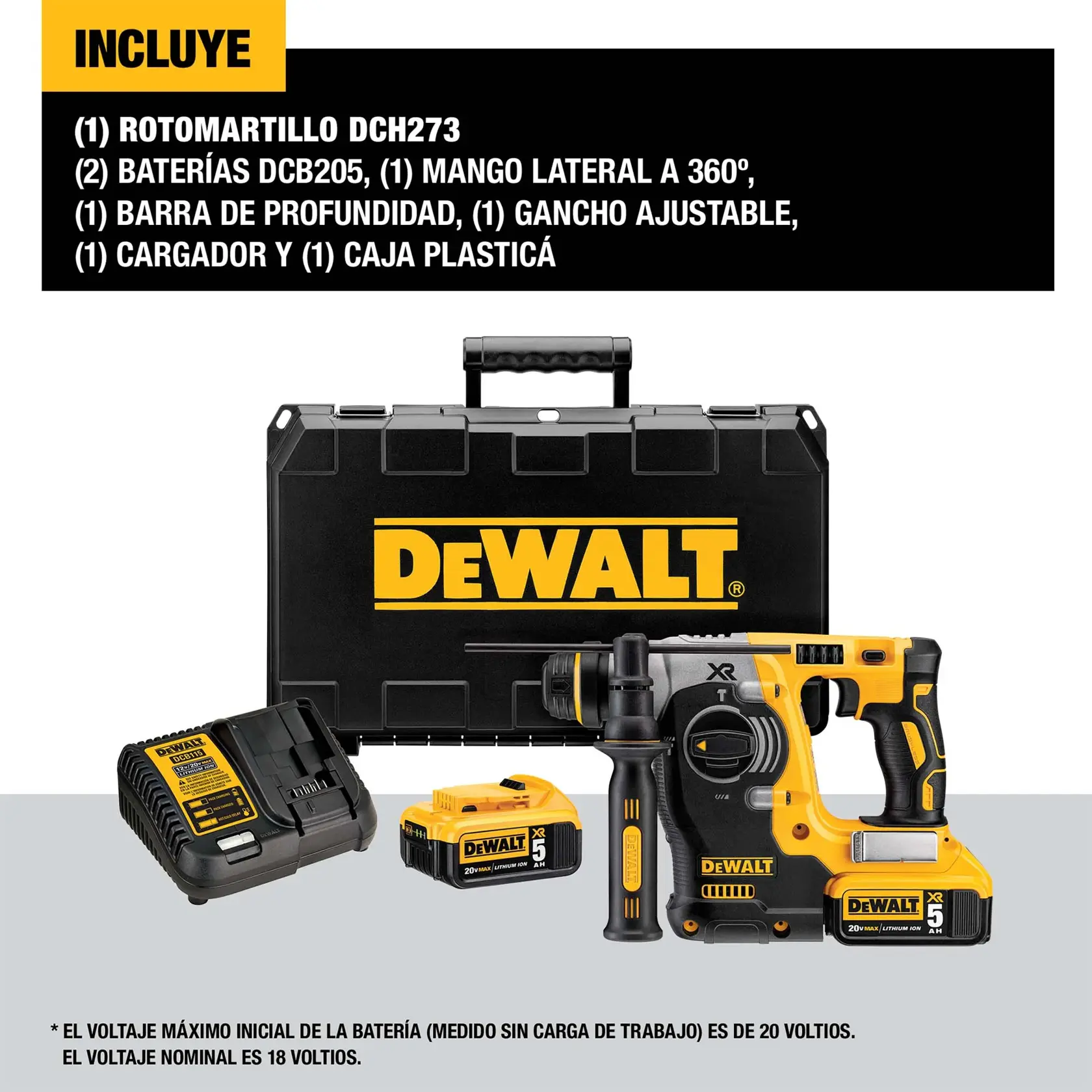 Imagen que muestra un kit de rotomartillo DEWALT, incluyendo un rotomartillo DCH273, dos baterías DCB205, un mango lateral a 360°, barra de profundidad, gancho ajustable, cargador y una caja plástica con el logo de DEWALT. Los componentes del kit están frente a la caja negra y amarilla DEWALT.