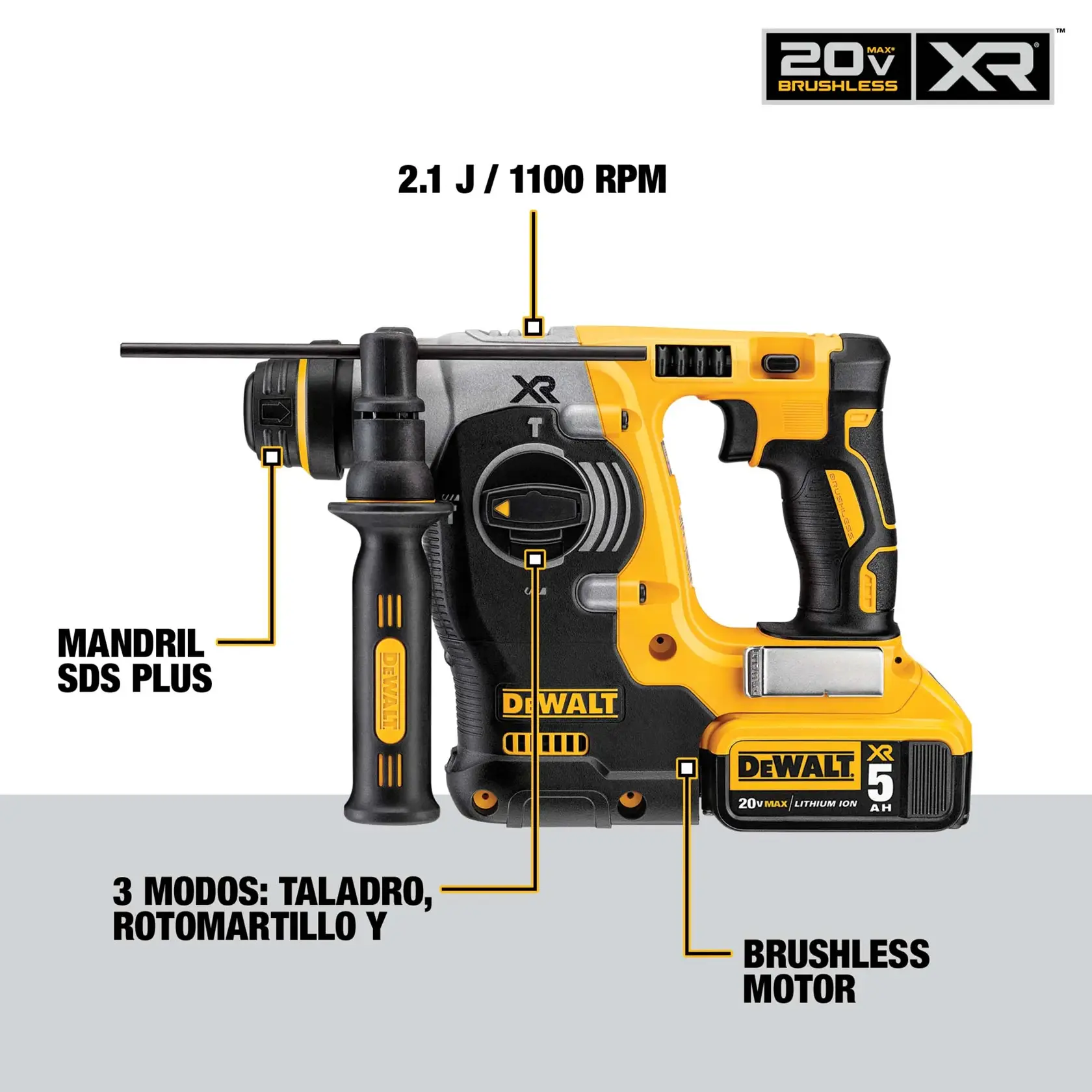 Imagen de un rotomartillo inalámbrico DEWALT 20V XR, modelo DCH273P2. Se destacan el mandril SDS Plus, 2.1 julios de energía de impacto con 1100 RPM, motor sin escobillas, tres modos de operación (taladro, martillo y rotomartillo) y batería XR de ion-litio de 5Ah.
