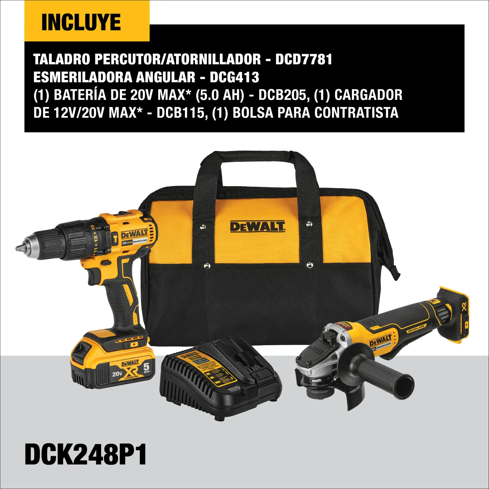 Kit DEWALT DCK248P1 que incluye un taladro percutor/atornillador inalámbrico (DCD7781), esmeriladora angular (DCG413), una batería 20V MAX 5.0Ah (DCB205), un cargador (DCB115) y una bolsa para contratista. Todos los productos muestran el diseño negro y amarillo de la marca DEWALT.