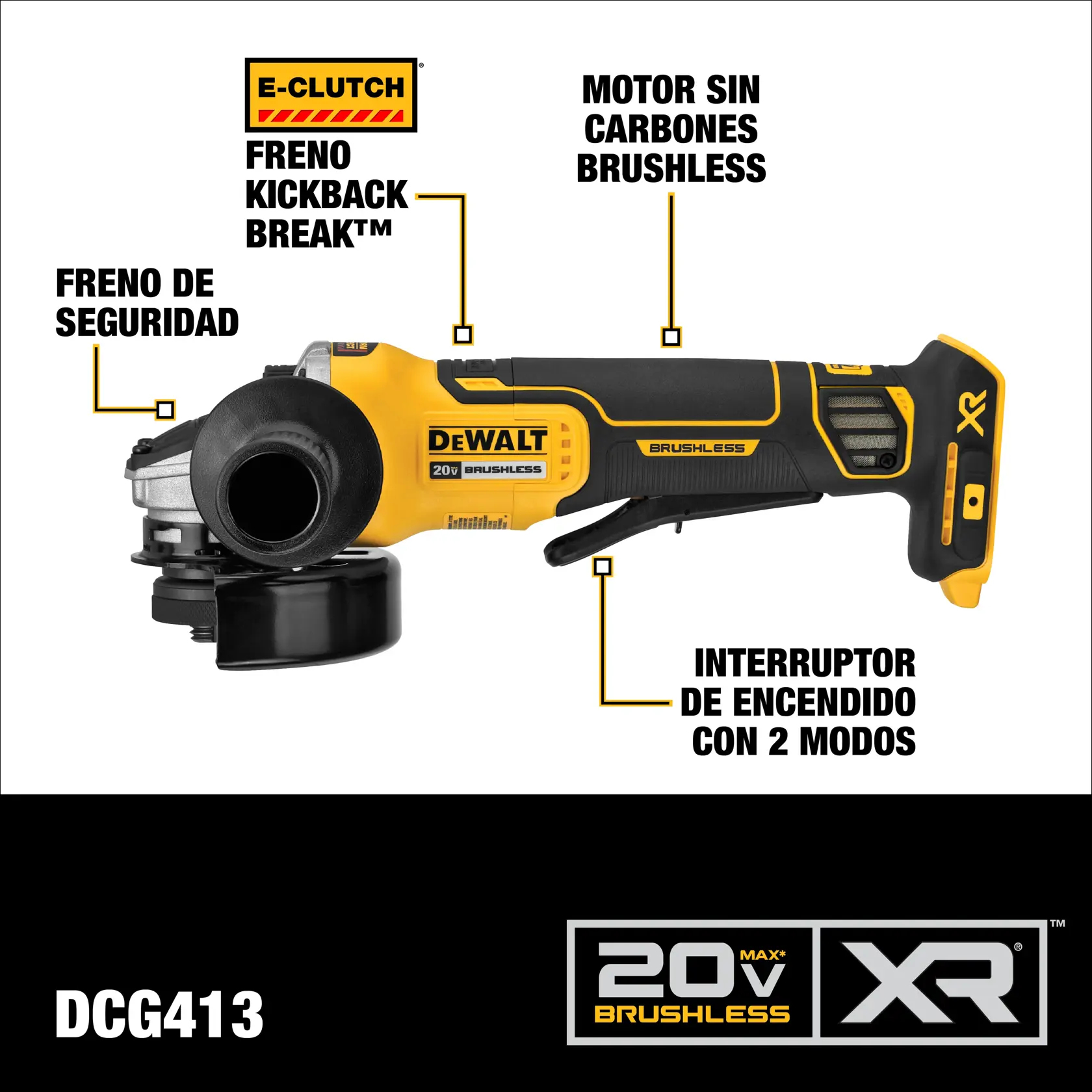 Imagen de una amoladora angular DEWALT 20V XR brushless, modelo DCG413. Se destacan características como el freno kickback break E-Clutch, freno de seguridad, motor sin carbones brushless y un interruptor de encendido con dos modos. Marca DEWALT e íconos 20V MAX XR brushless se muestran.