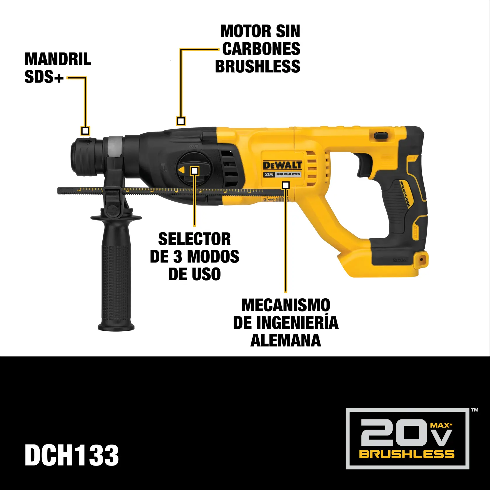 Un martillo rotativo inalámbrico DEWALT 20V Max brushless, modelo DCH133, con mandril SDS+, motor sin carbones, selector de tres modos de uso y mecanismo de ingeniería alemana. La herramienta es amarilla y negra con etiquetas destacadas en español.