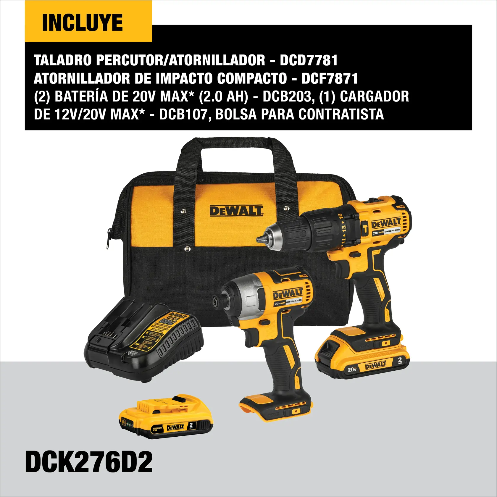 Kit combinado DEWALT DCK276D2, que incluye una bolsa para contratista negra y amarilla, un taladro percutor/atornillador inalámbrico, un atornillador de impacto compacto, dos baterías 20V MAX y un cargador 12V/20V MAX. Los componentes del producto están dispuestos frente a la bolsa, con especificaciones mostradas arriba.