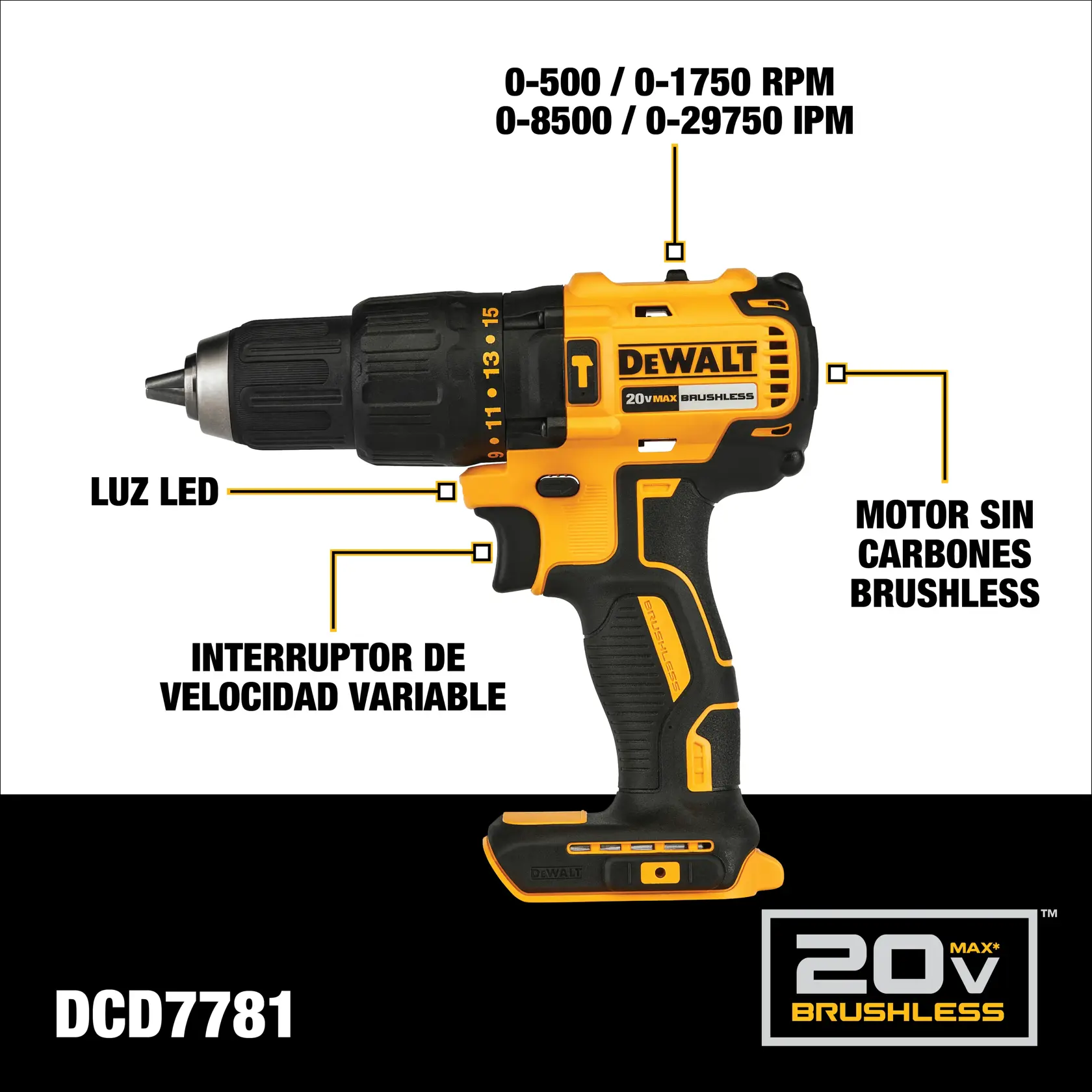 Imagen de un taladro inalámbrico Dewalt 20V Max sin carbones, modelo DCD7781. Se destacan características como el interruptor de velocidad variable, luz LED, motor sin carbones y especificaciones técnicas de 0-500 / 0-1750 RPM y 0-8500 / 0-29750 IPM. El taladro es de color amarillo y negro.