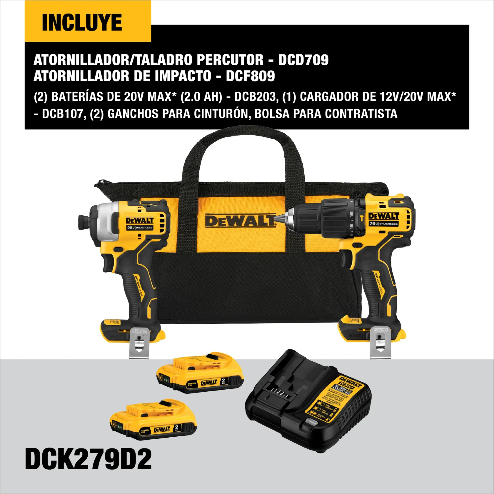 Kit combinado DEWALT DCK279D2 que incluye un atornillador/taladro percutor inalámbrico, un atornillador de impacto, dos baterías 20V MAX, un cargador, dos ganchos para cinturón y una bolsa para contratista. Las herramientas y accesorios se muestran junto a la bolsa con el logo DEWALT.