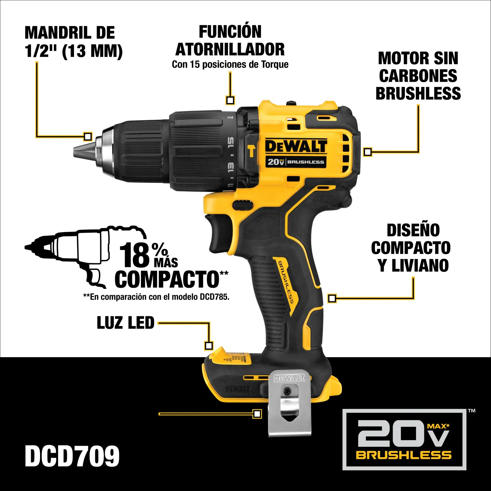 Imagen de un taladro inalámbrico DEWALT DCD709 con sus características resaltadas, incluyendo mandril de 1/2 pulgada (13 mm), función atornillador con 15 posiciones de torque, motor sin carbones brushless, diseño compacto y liviano, luz LED y 18% más compacto que el modelo DCD785. El taladro es de color amarillo y negro con el logo DEWALT y marca de 20V Max brushless.