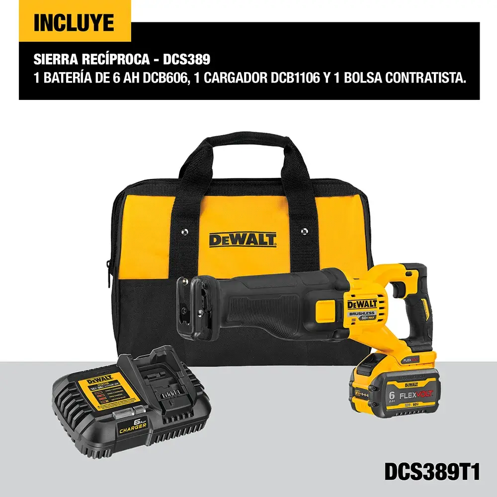 Kit de sierra recíproca DEWALT que incluye una bolsa de herramientas negra y amarilla, una sierra recíproca inalámbrica, una batería y un cargador. El kit está etiquetado como modelo DCS389T1.