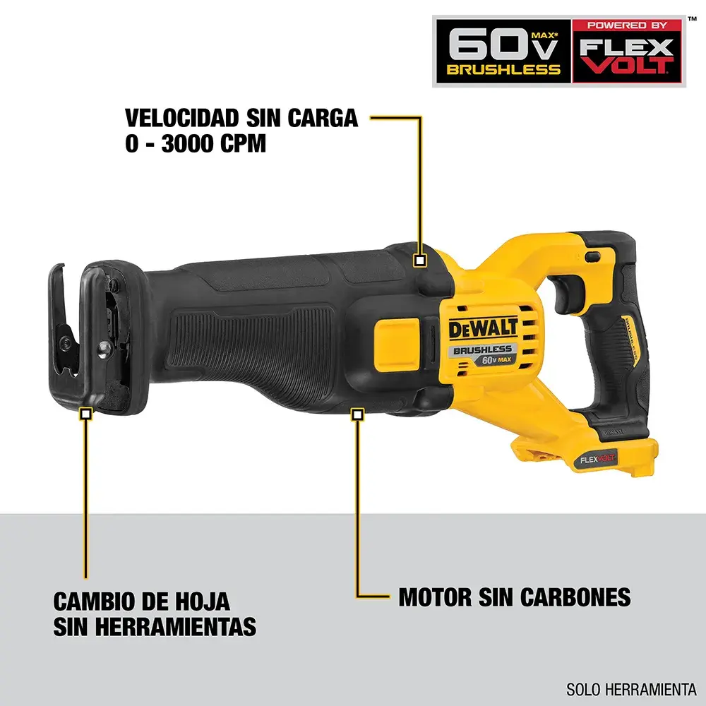 Imagen de una sierra recíproca inalámbrica DEWALT 60V FlexVolt, modelo DCS389T1, con motor sin carbones. La sierra es de color negro y amarillo. Las etiquetas resaltan las características: cambio de hoja sin herramientas, motor sin carbones y velocidad sin carga de 0-3000 CPM.