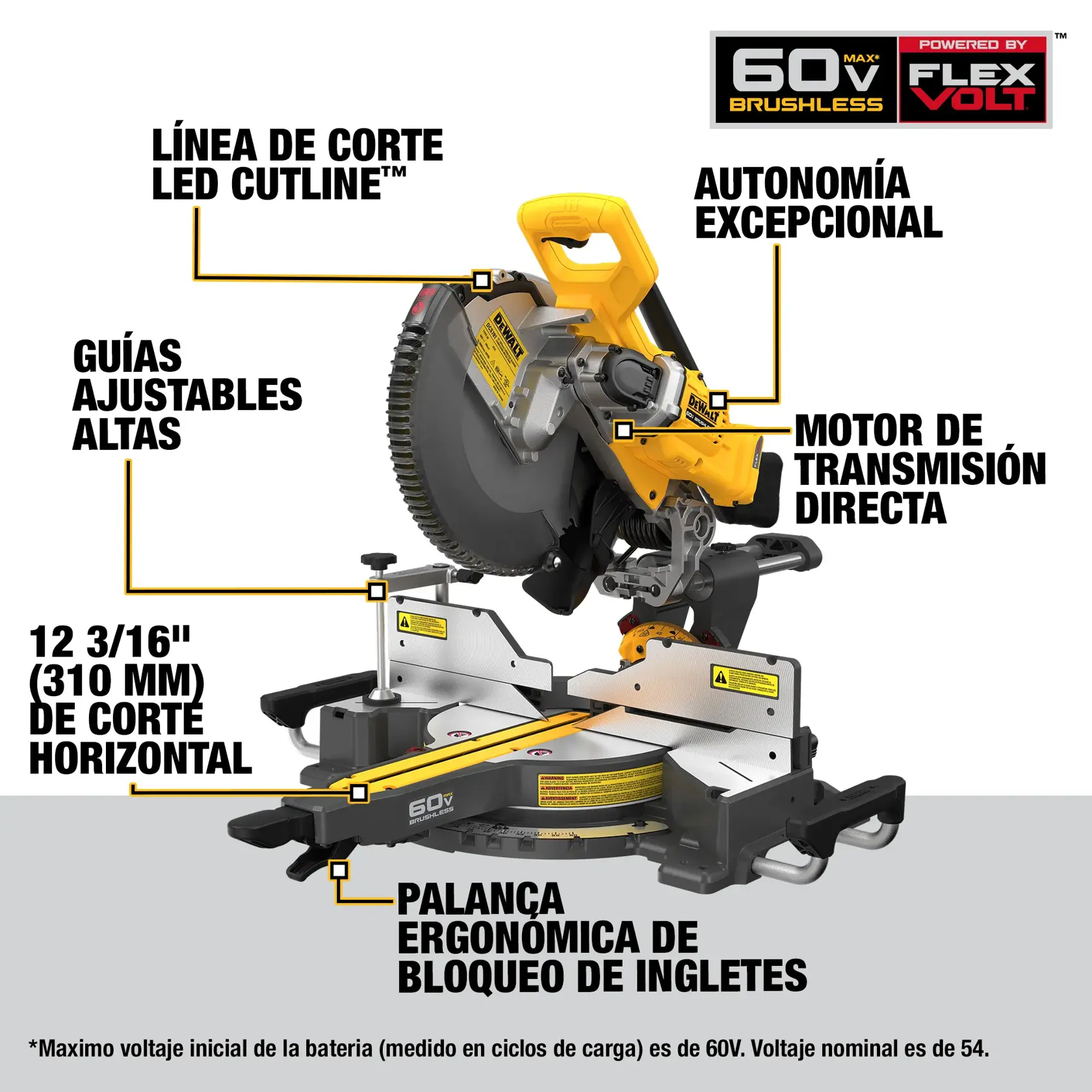 Sierra ingletadora DEWALT DCS781B 60V FlexVolt con LED, guías altas, bloqueo ergonómico y motor de transmisión directa.