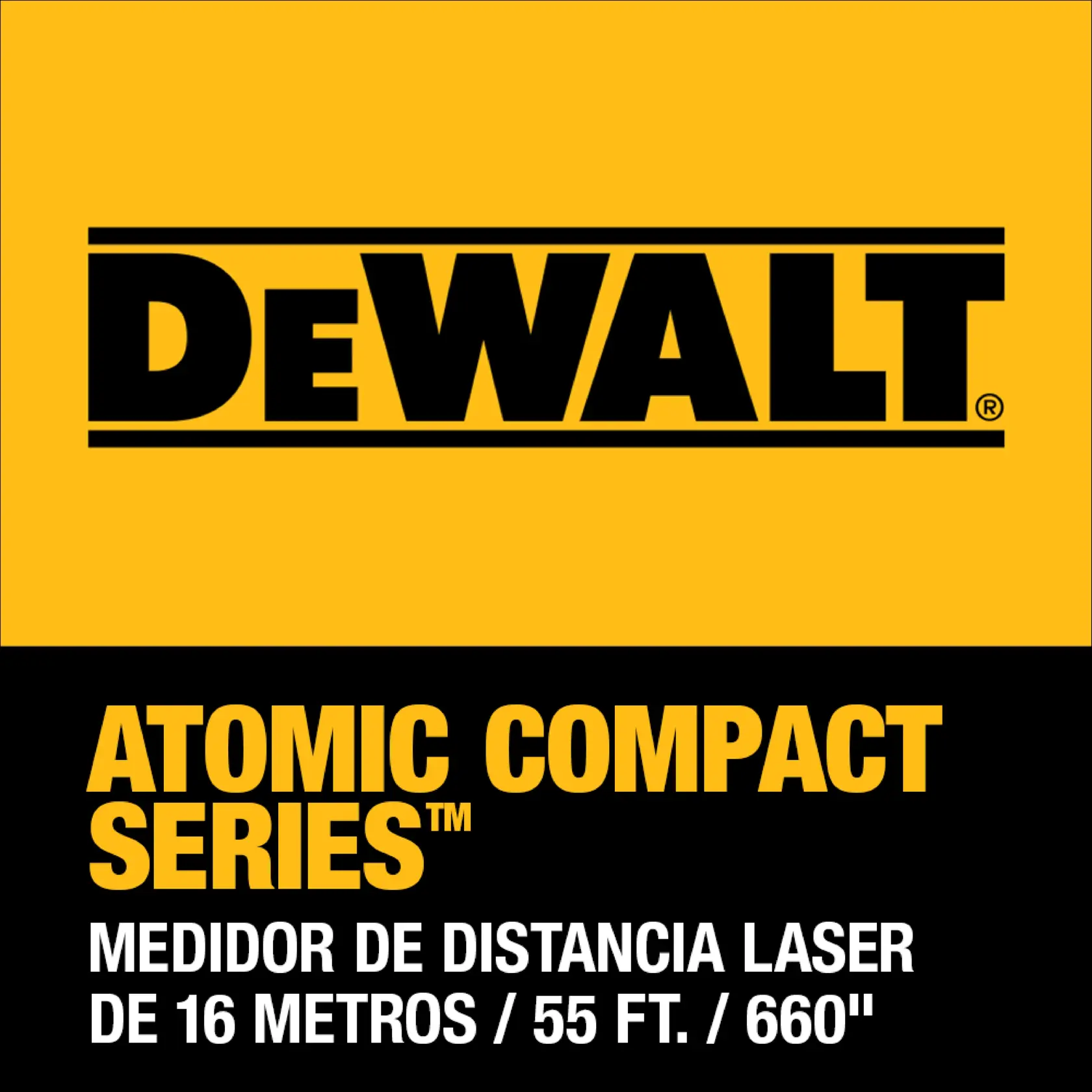 Vista frontal de un dispositivo de medición láser DEWALT ATOMIC con una carcasa amarilla y negra, una pantalla y un botón ON con un símbolo de advertencia de láser.