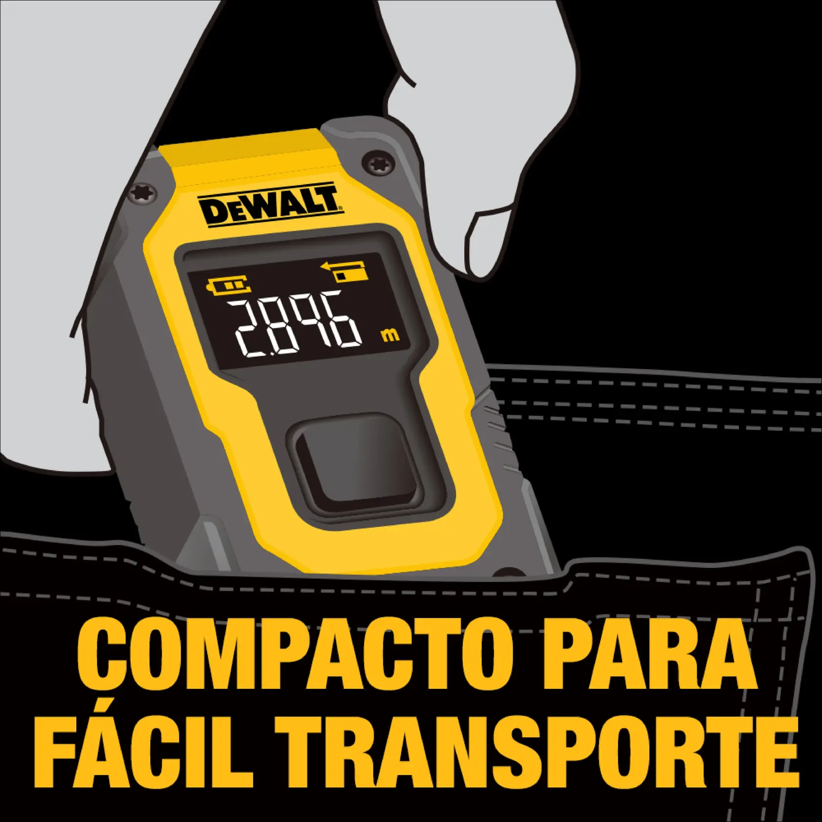 Gráfico promocional de DEWALT que presenta la serie Atomic Compact. Publicita un medidor de distancia láser con un alcance máximo de 16 metros, 55 pies o 660 pulgadas.