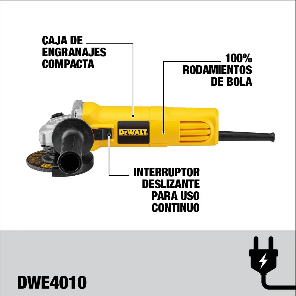 Imagen de una amoladora angular DEWALT DWE4010 con características etiquetadas. Las etiquetas resaltan: caja de engranajes compacta, 100% rodamientos de bola y un interruptor deslizante para uso continuo.