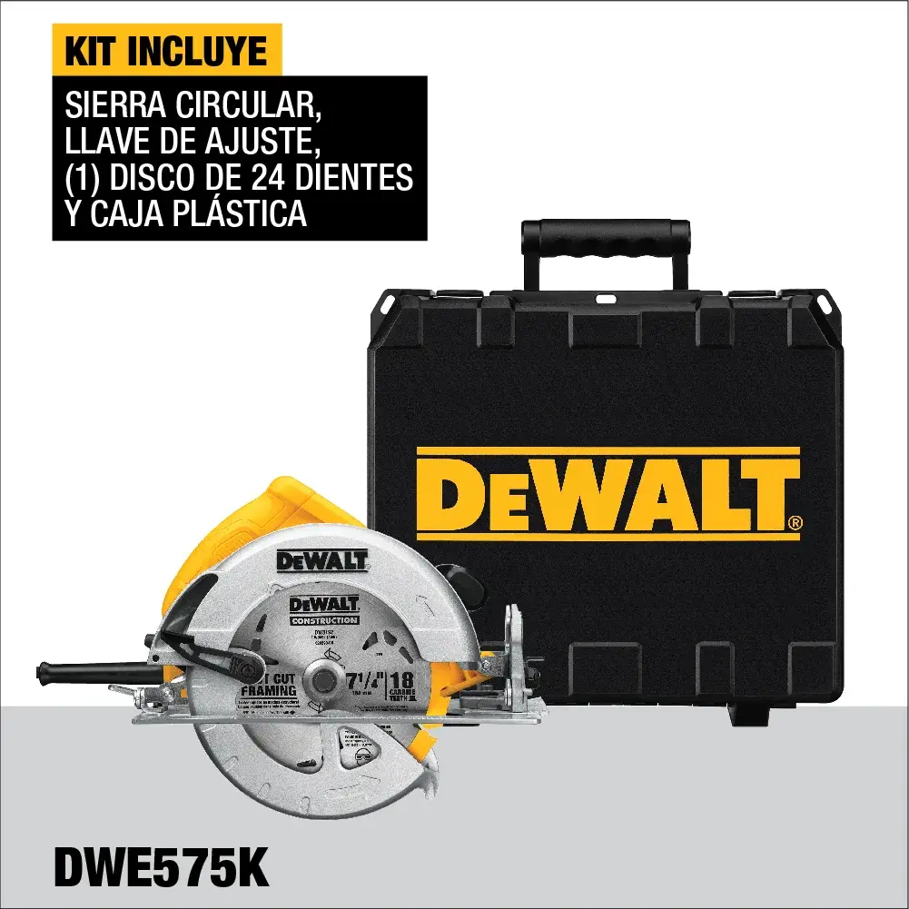 Imagen de un kit de sierra circular DEWALT DWE575K, que incluye una sierra circular, llave de ajuste, un disco de 24 dientes y una caja plástica. El logotipo de DEWALT es visible en la caja y la sierra.