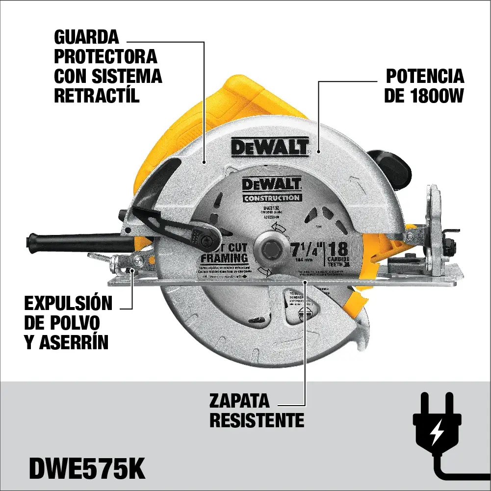 Imagen de una sierra circular DEWALT DWE575K con características etiquetadas en español, incluyendo guarda protectora retráctil, potencia de 1800W, expulsión de polvo y aserrín, y zapata resistente.