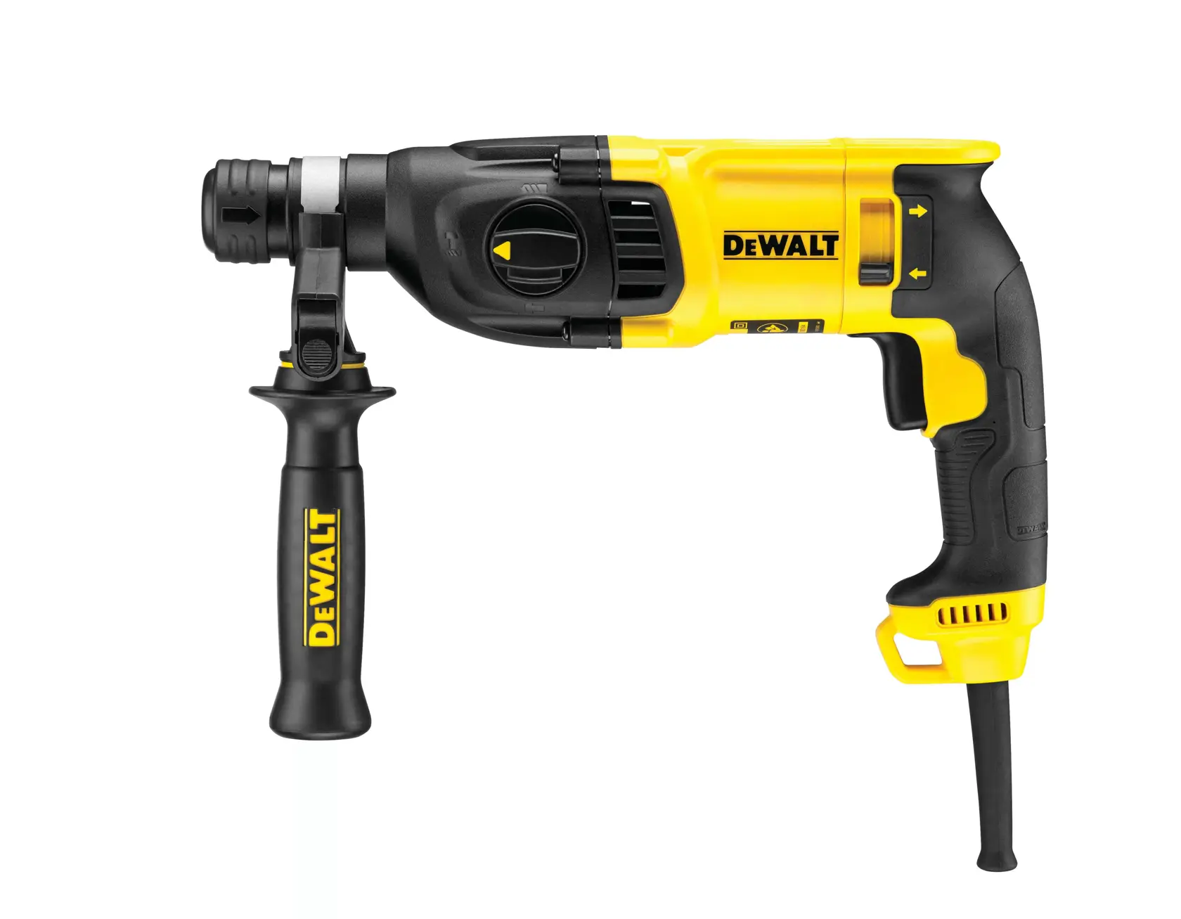 Un martillo rotativo con cable DEWALT y asa lateral, mostrado en color amarillo y negro.