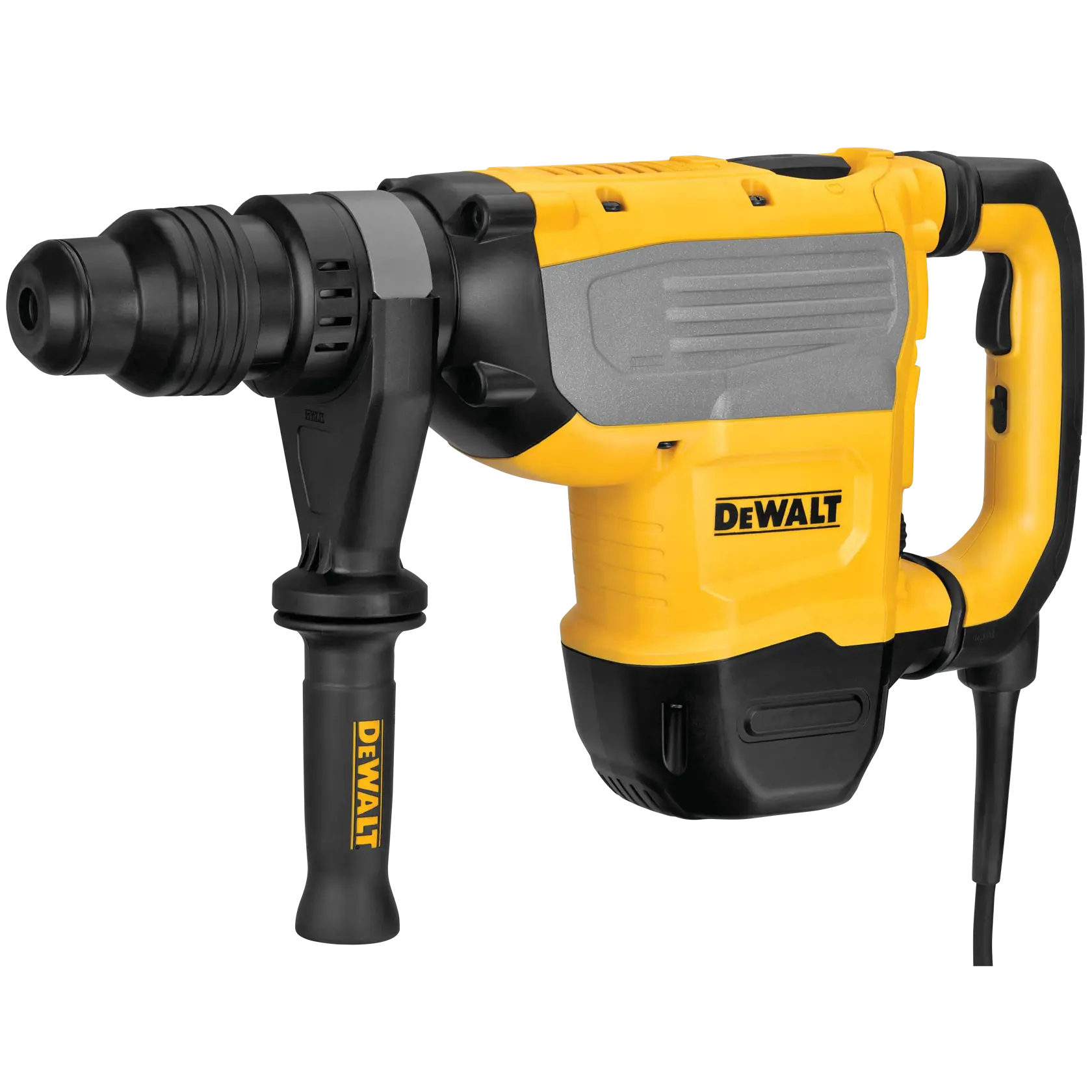 Martillo perforador eléctrico amarillo y negro DEWALT con mango lateral y cable de alimentación, modelo D25733K.