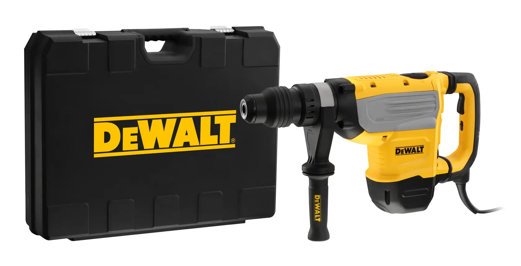Un martillo perforador rotativo DEWALT con mango lateral y cable de alimentación, mostrado junto a un maletín negro con el logo DEWALT.