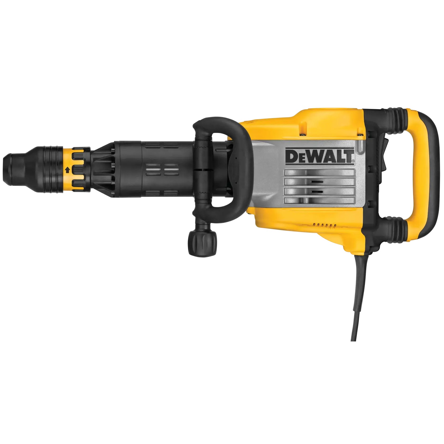 Un martillo demoledor eléctrico amarillo y negro de la marca DEWALT con mango lateral, alimentación por cable y diseño industrial.