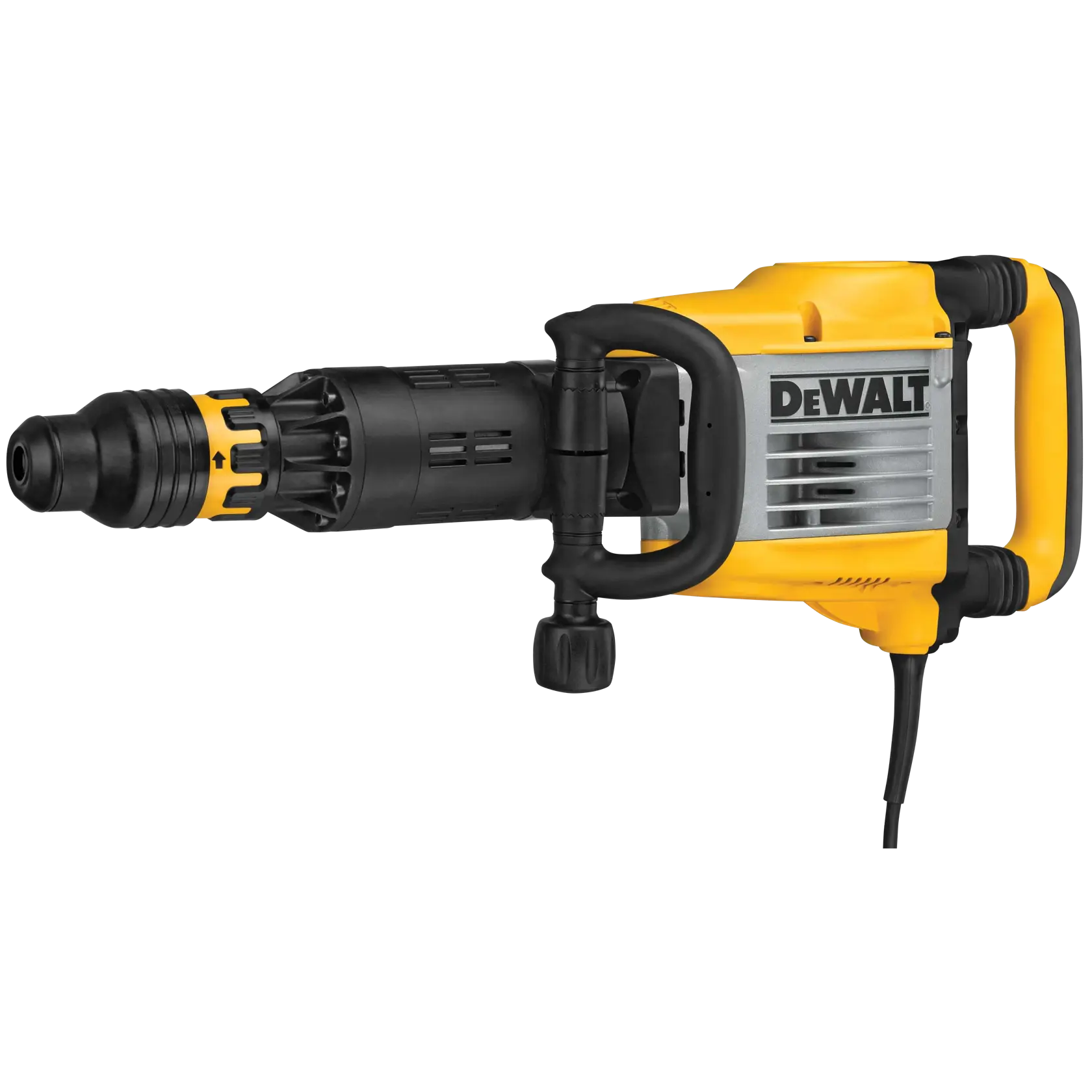 Un martillo de demolición eléctrico DEWALT, con un cuerpo amarillo y negro, dos manijas y una rejilla de ventilación metálica, diseñado para romper superficies de concreto o mampostería.