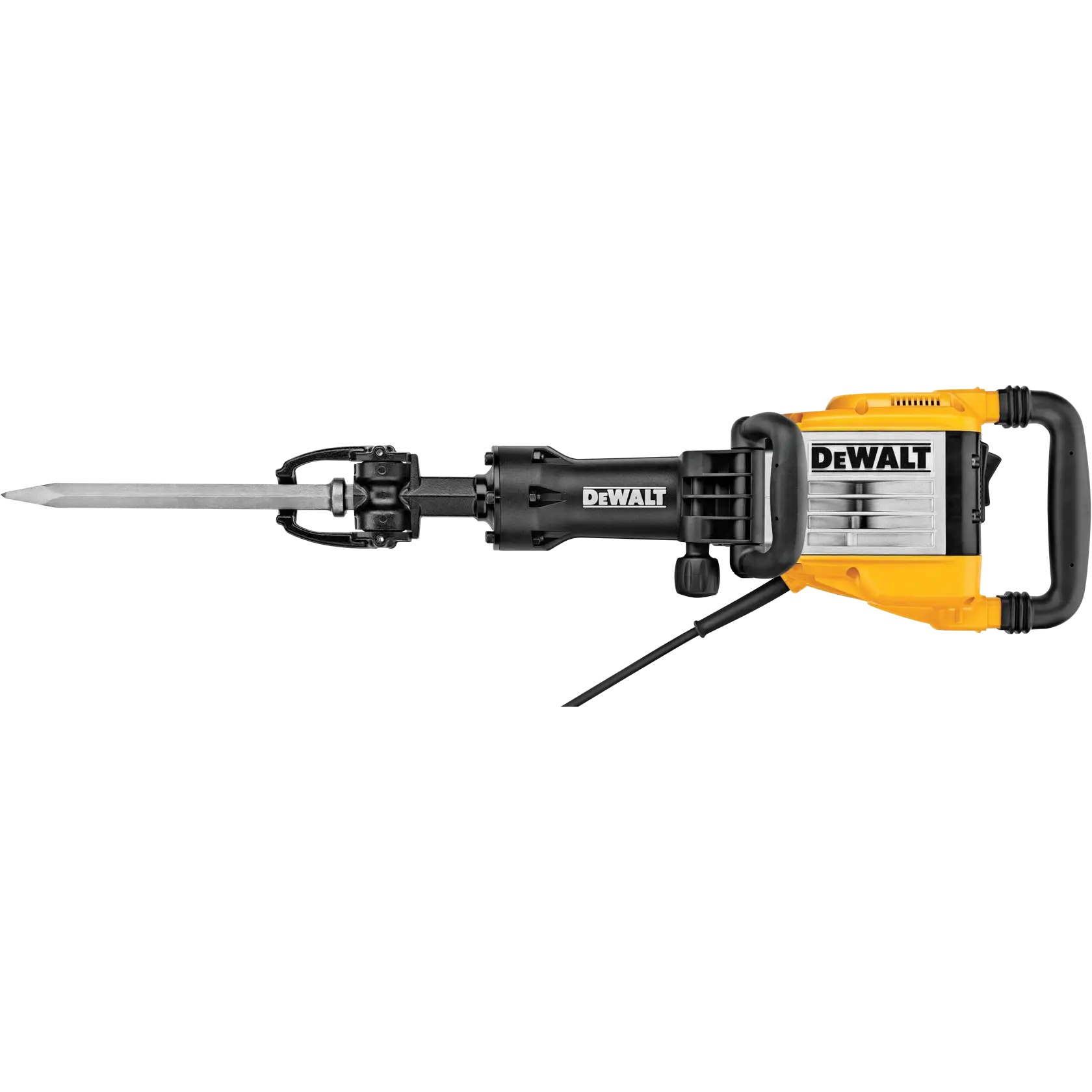 Un martillo demoledor eléctrico DEWALT con cuerpo amarillo y negro y una punta de cincel.