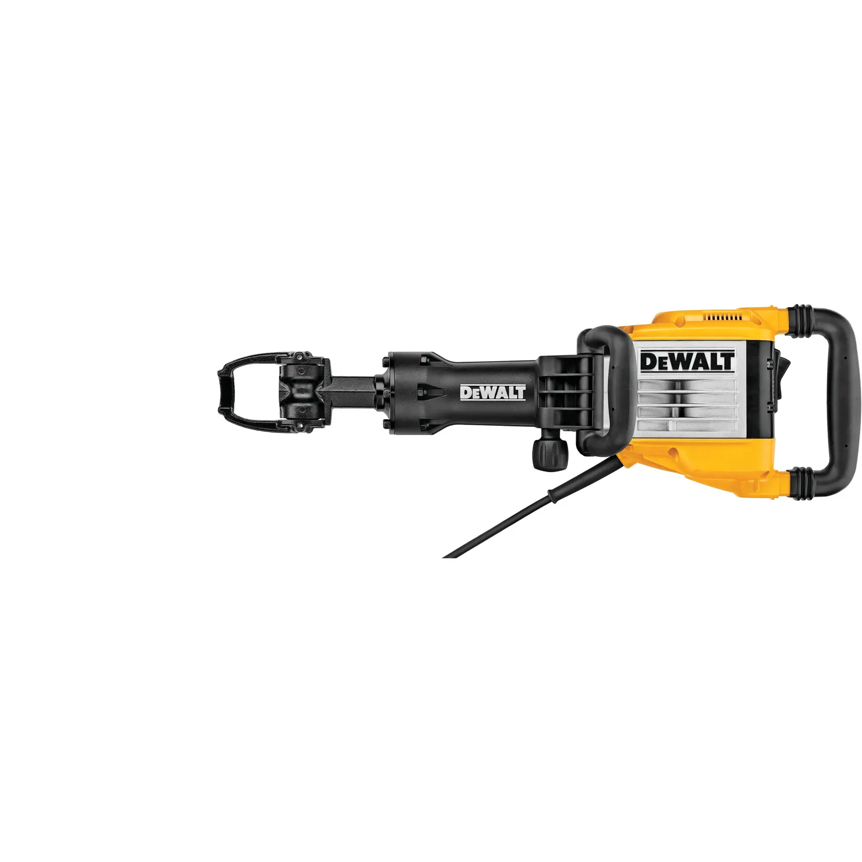 Un martillo demoledor eléctrico DEWALT con cuerpo negro y amarillo, mango resistente y cable de alimentación visible, presentado sobre un fondo blanco.