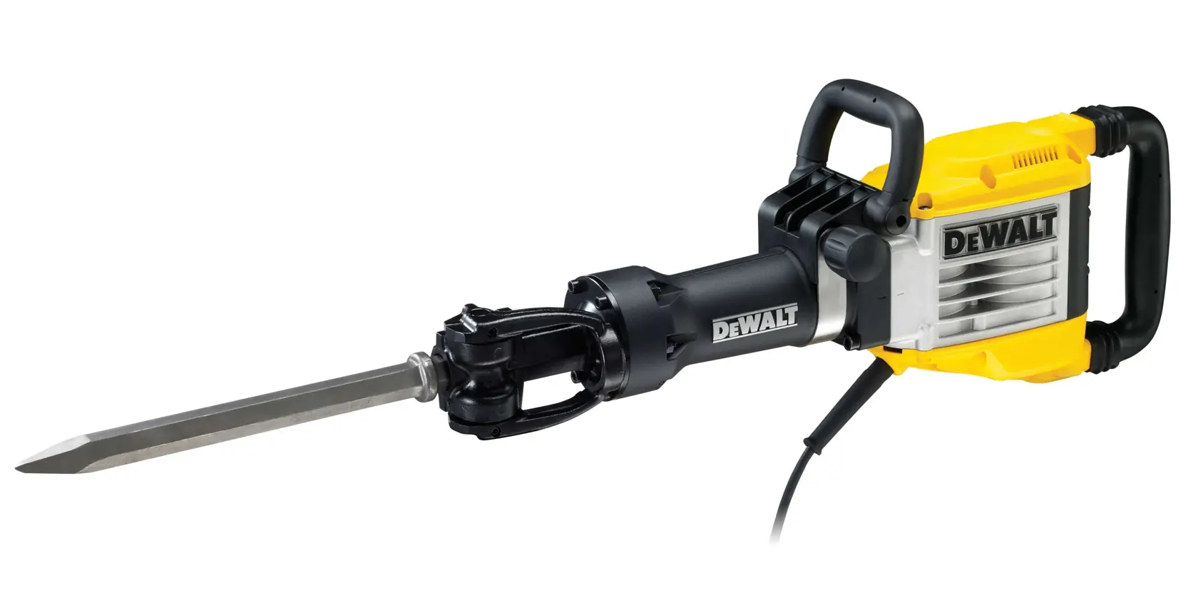 Un martillo demoledor eléctrico DEWALT D25960K con cuerpo amarillo y negro y cincel de metal, diseñado para trabajos intensivos de construcción y romper concreto.