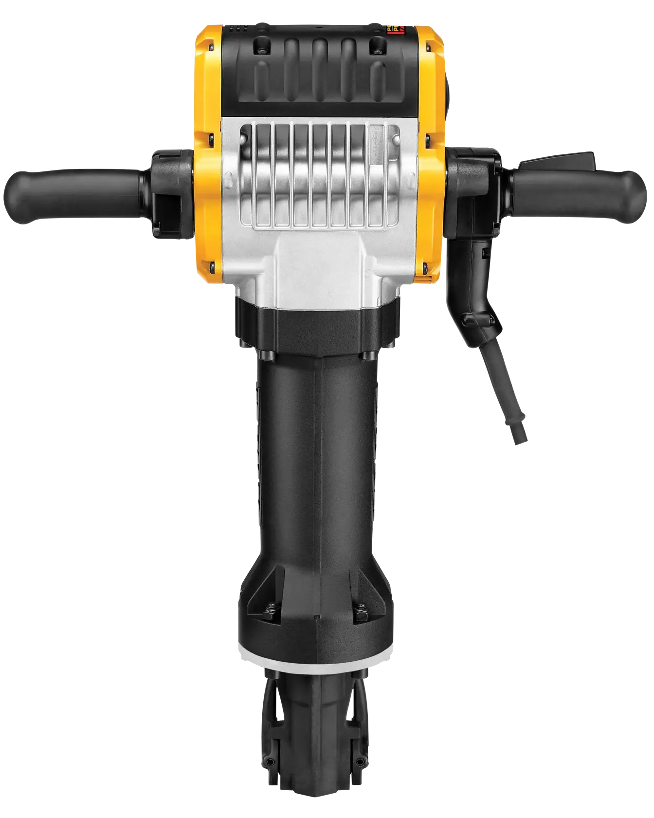 Vista frontal de un martillo demoledor eléctrico DEWALT, con cuerpo amarillo y negro, dos asas y una carcasa metálica resistente.