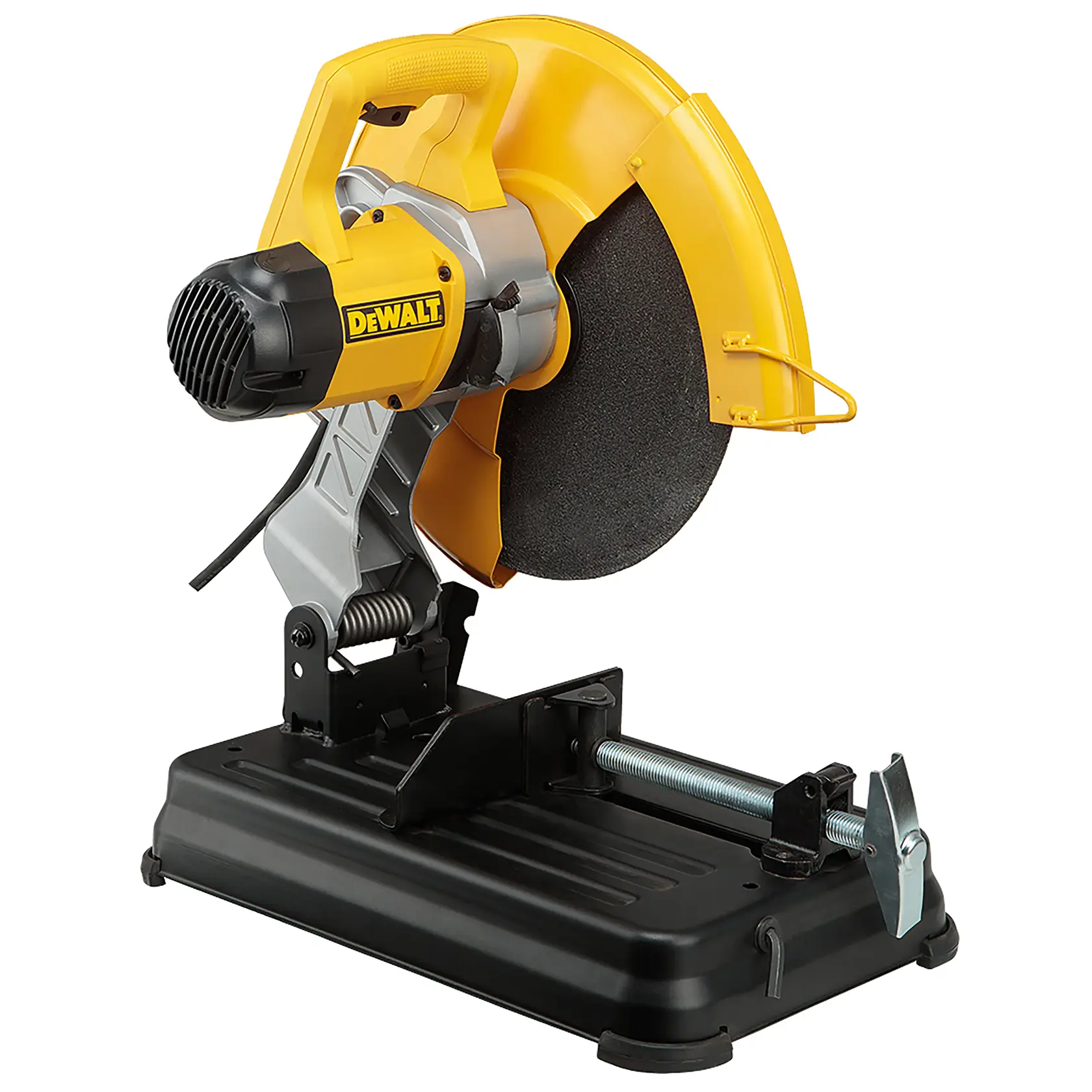 Vista lateral de una sierra cortadora de metal DEWALT, modelo D28730-B2, con mango y protector de hoja amarillos, y base y carcasa del motor negras.