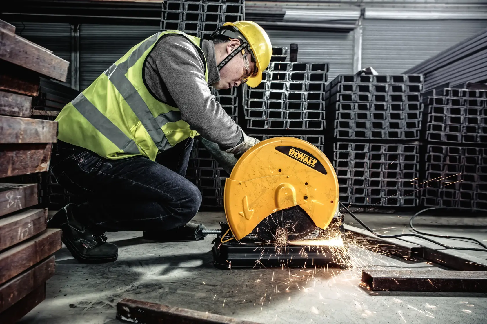Una persona con equipo de seguridad opera una sierra de corte de metal DEWALT, modelo D28730, para cortar barras metálicas en un entorno industrial. Saltan chispas de la zona de corte.