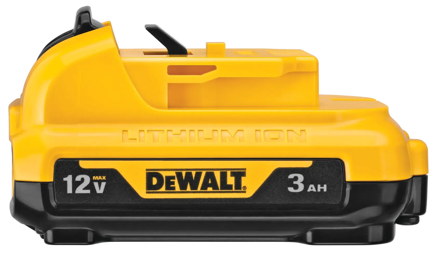 Una batería de litio-ion DEWALT en primer plano, etiquetada como 12V MAX y 3Ah. La batería es amarilla y negra con el logo DEWALT claramente visible.