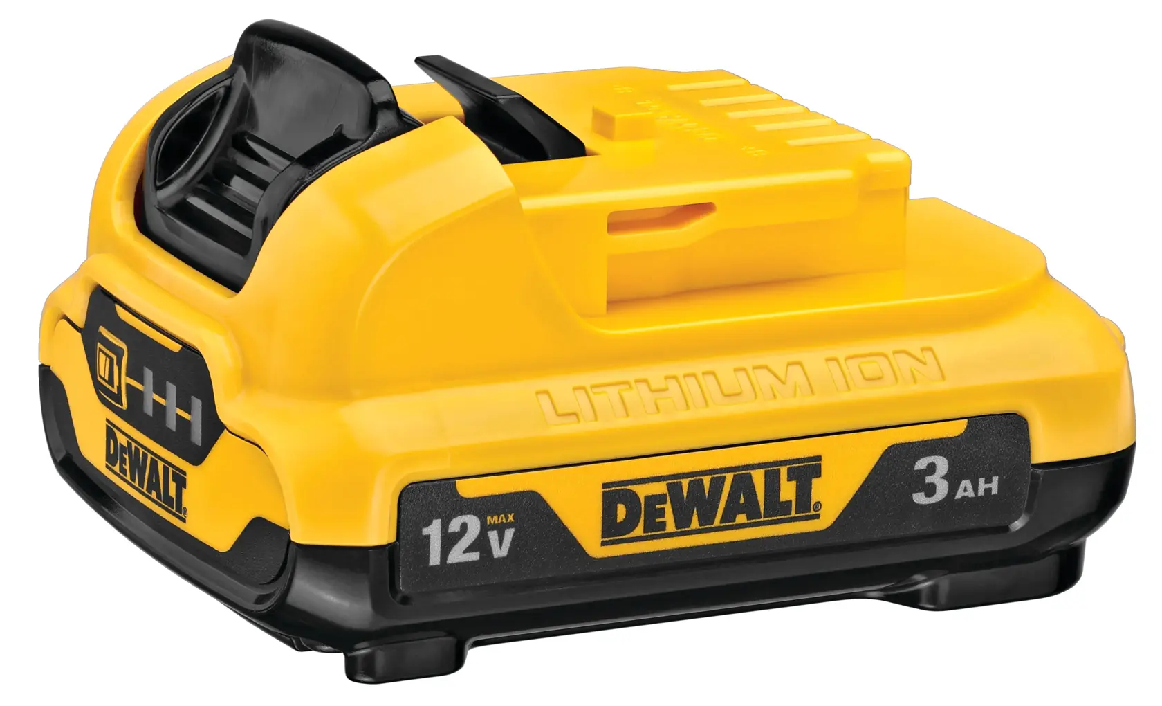 Un paquete de batería de ion de litio DEWALT de 12V modelo DCB124 con capacidad de 3 amperios-hora, con un diseño amarillo y negro.