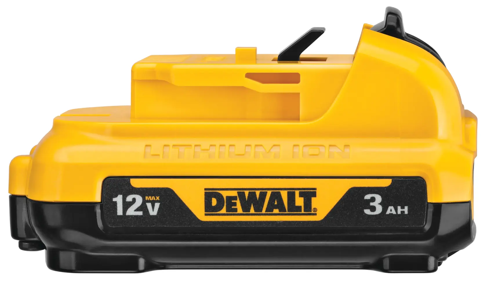 Una batería de ion-litio DEWALT de 12V con una capacidad de 3 amperios-hora, de color principalmente amarillo y negro, mostrada de lado.
