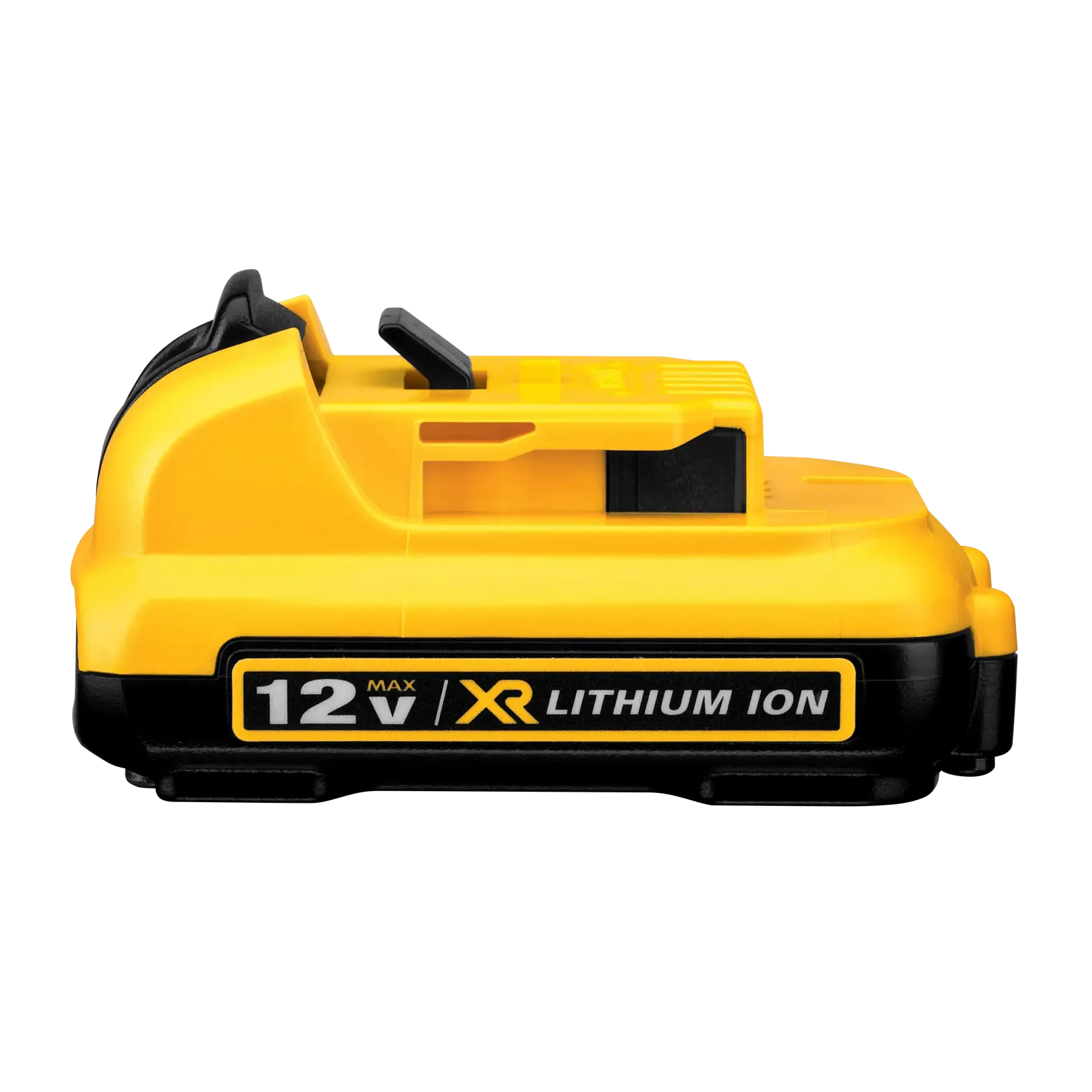 Una batería DEWALT 12V XR de ion de litio, mostrada de lado con carcasa amarilla y negra y etiqueta en un lateral.