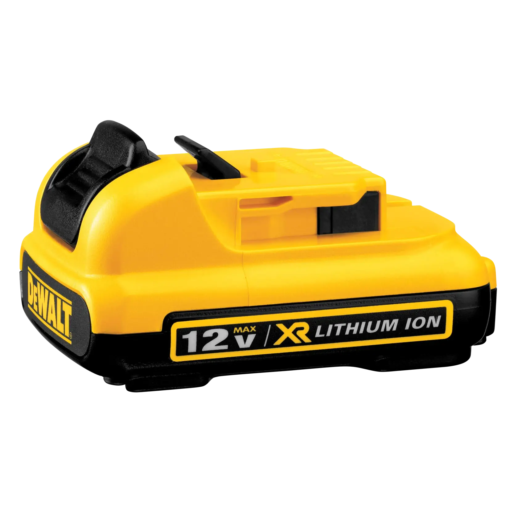Batería recargable DEWALT 12V XR de ion de litio, amarilla y negra, diseñada para herramientas eléctricas.