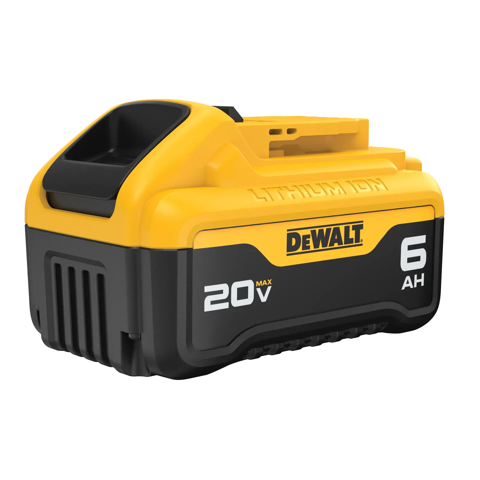 Una batería recargable de herramientas eléctricas DEWALT 20V MAX 6Ah de ion de litio, con carcasa amarilla y negra.