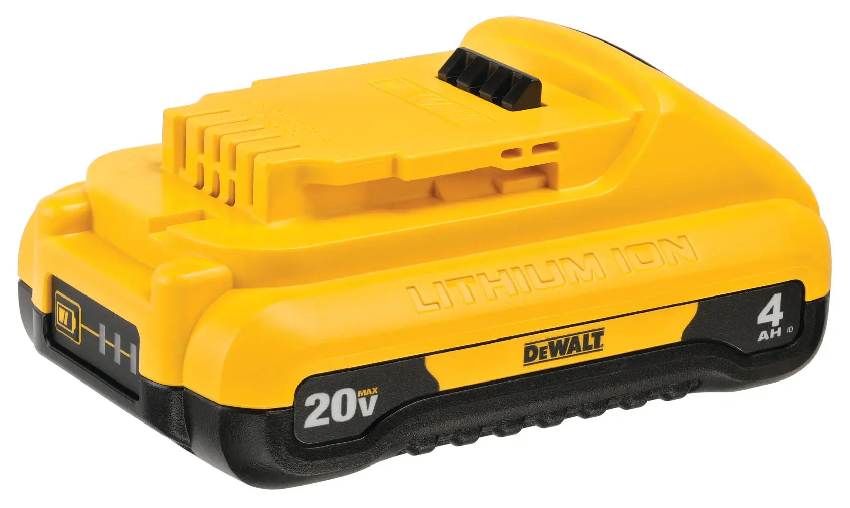 Una batería DEWALT 20V MAX de ion de litio amarilla y negra con una capacidad de 4 amperios-hora, diseñada para herramientas eléctricas.